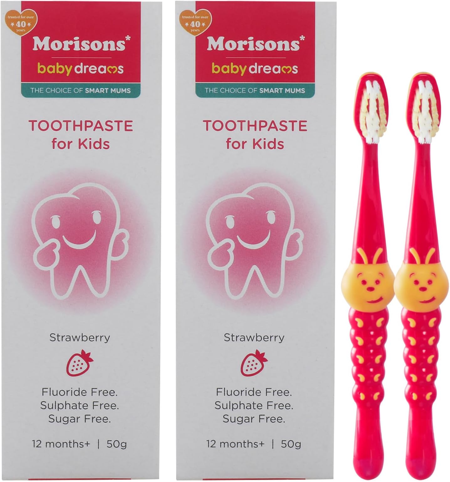 Morisons* babydreams THE CHOICE OF SMART MUMS Baby Dreams Kids Strawberry Flavour Toothpaste 50 gm (Pack 2) & Baby Caterpillar Oral Care Toothbrush with S t Bristles (Pack 2)