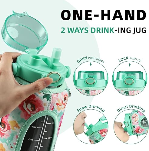 Miniatura 2 de chunmo Botella de agua de vidrio de medio galón de 64 onzas con popote y funda de almacenamiento, botella de agua motivacional con correa y tiempo