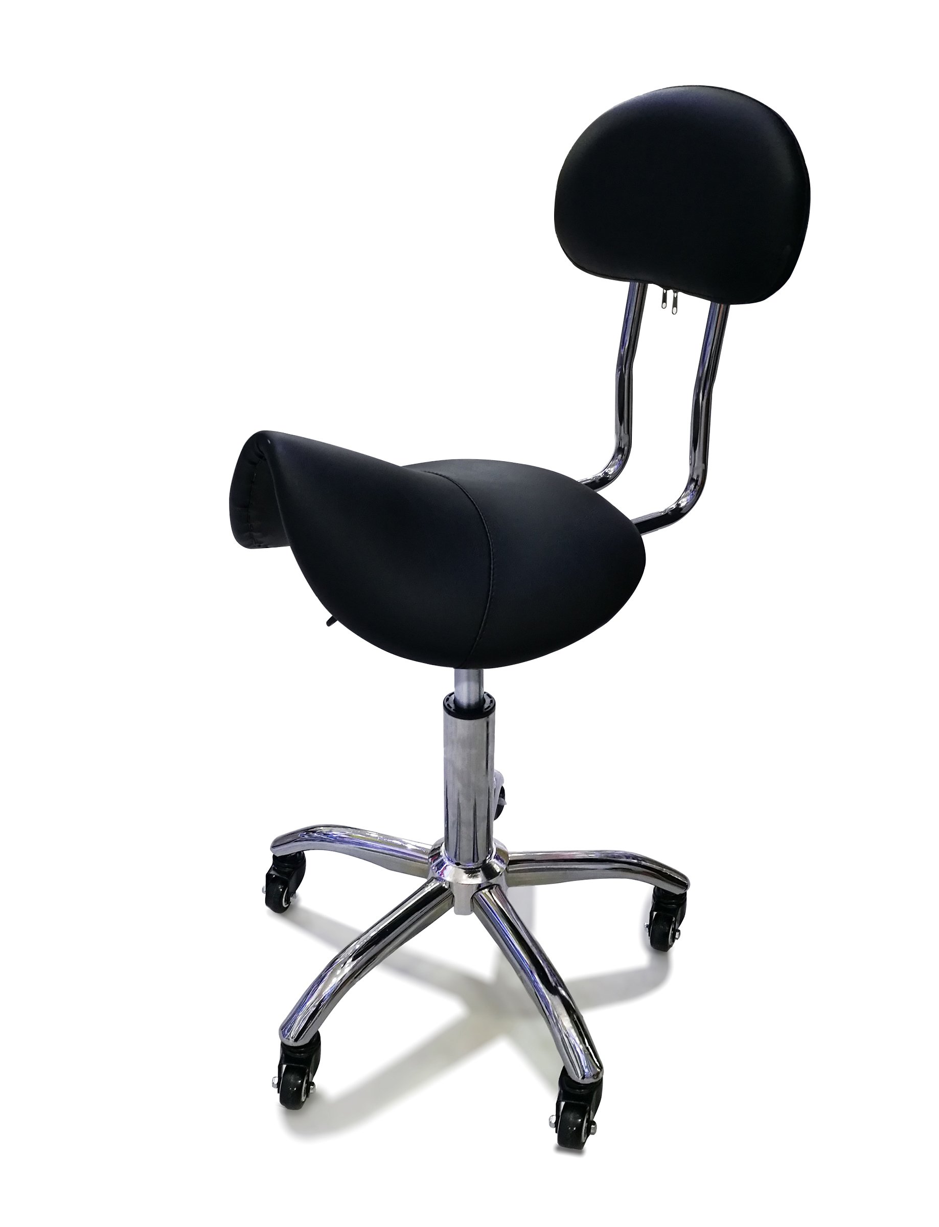 Taburete de Peluquería, Silla de Peluquería, Asiento de Material Cuero Sintético y Diseño Ergonómico, Altura Regulable, Giratorio 360º y Base Estable con 5 Rueditas, Color Negro