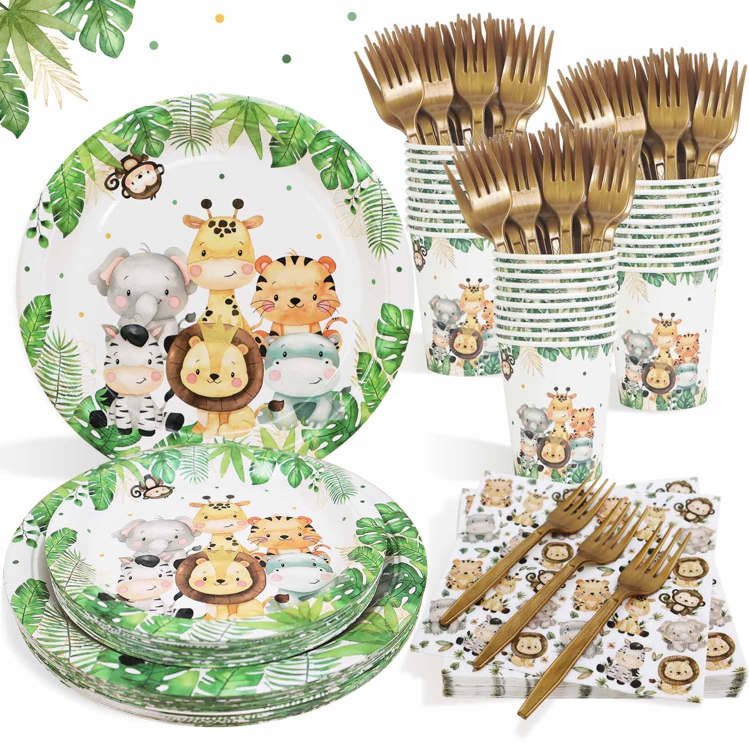 safari jungle baby shower plates set decorations wild one birthday party decorations serves 25,sage green plates napkins cups and forks animals theme disposable tableware set