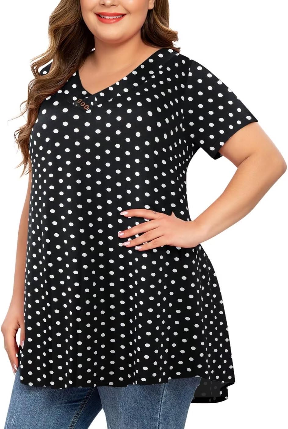 MONNURO Womens Plus Size Tops Short Sleeve Button Down Basic Tunics Summer Swing T Shirts Casual V Neck Blouses for Leggings