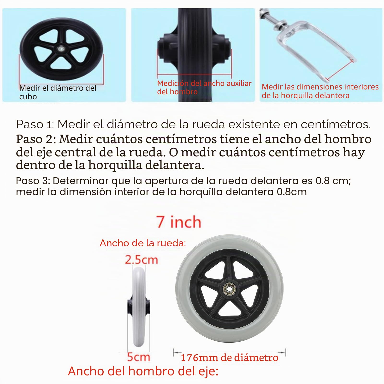 Reemplazo de ruedas de silla de ruedas 7 pulgadas, rueda delantera de goma antideslizante para discapacitados, reemplazo de ruedas para sillas de ruedas, andador