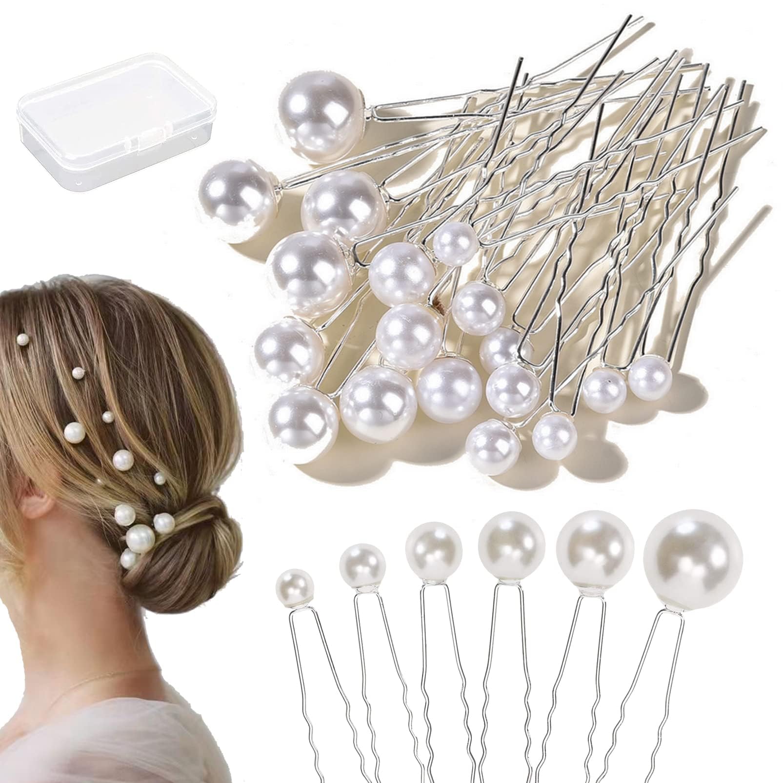 Khazna Pearl Hair Clips, Bridal Hair Pins (36Pcs, 6 Sizes: 20mm, 16mm, 14mm, 12mm, 10mm, 8mm) - Wedding & Prom Hair Accessories for Women