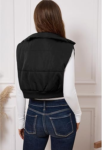 Miniatura 2 de GRAPENT Chaleco acolchado recortado para mujer, a la moda, con cremallera, cuello alto, mini chaqueta acolchada sin mangas, ropa de abrigo, chalecos