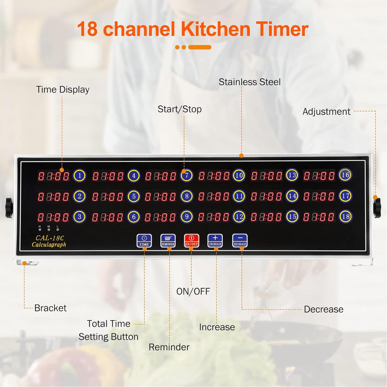 Temporizador de Cocina Comercial de 18 Canales, Temporizador Digital LED para cocinar, Volumen de Alarma Alto, con función de Memoria