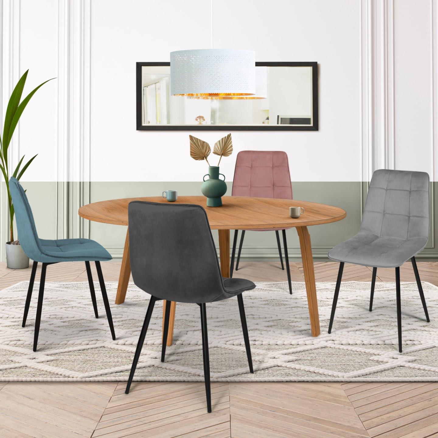 IDMarket - Juego de 4 sillas Mila de terciopelo Mix Color Pastel Azul, Gris Claro, Gris Oscuro, Rosa