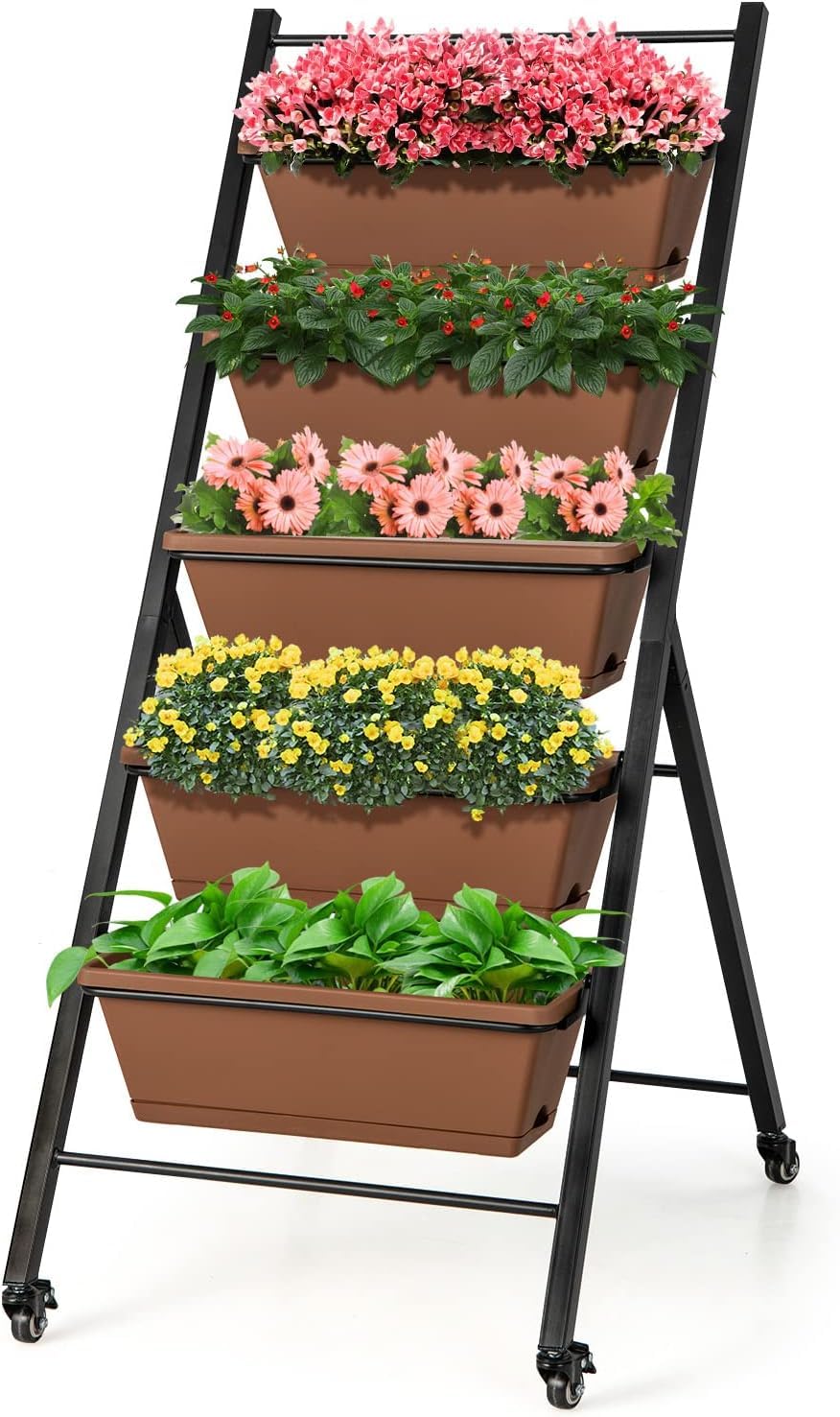 GOPLUS Escalera de 5 Niveles con Maceta, Soporte de Metal para Jardinera Escalonado con Ruedas Bloqueables, Filas de Agujeros de Drenaje, Bandeja Desmontables, Macetero para Patio, Jardín, Balcón