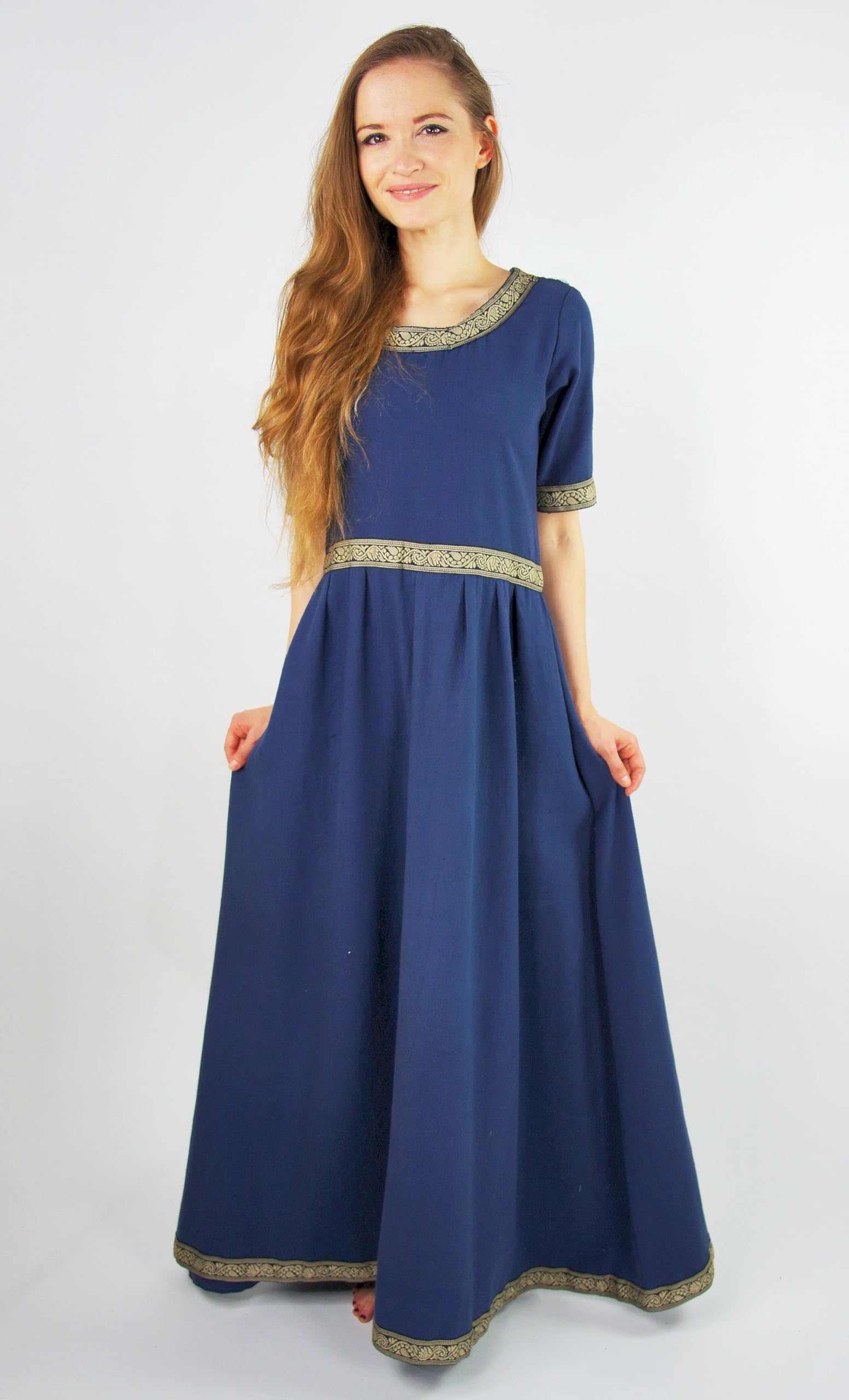 Leonardo Carbone® Vestido de mujer Ennlin, diseño de cenefa, espalda con cordones, carnaval, Halloween, cosplay, LARP, medieval, vikingo, disfraz, línea A, 100% algodón