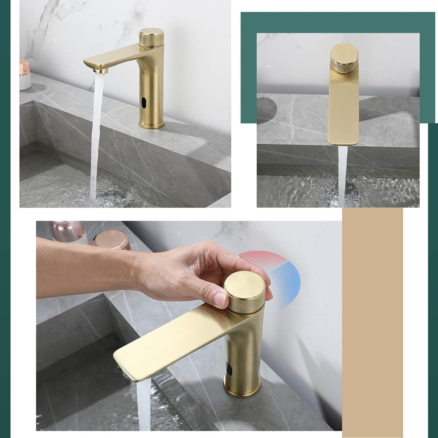 タッチレスオートマチックシンク蛇口 - バスルーム盆地用のブラシ付きゴールドセンサータップ - 使いやすいハンズフリーミキサータップ