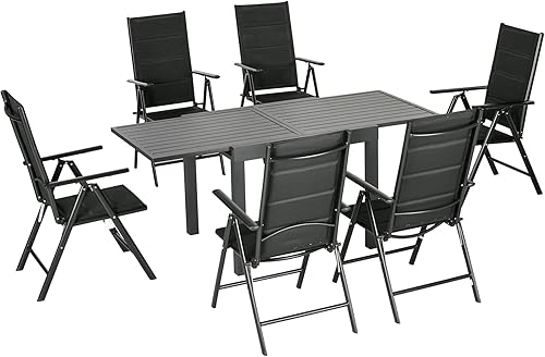 Outsunny Juego de comedor de patio de 7 piezas para 6, mesa expandible para exteriores, sillas plegables y reclinables, marcos de aluminio, asientos
