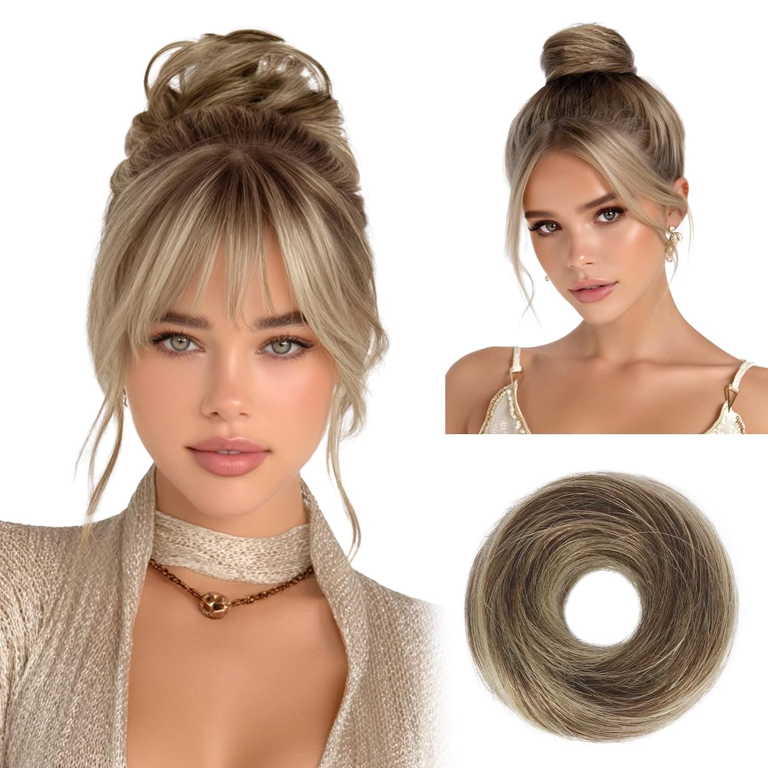 RUWISS Small Messy Bun Hair Piece Human Hair, One Hairpiece Two Styles Mini Natural Looking Scrunchies Updo for Daily, Hair Buns for Thin & Fine Hair Women Ponytail Extension (Brown Mixed Light Blond)