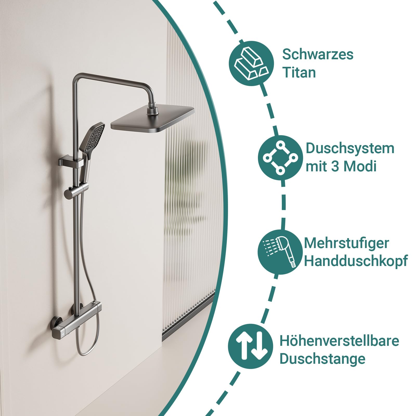 Regendusche mit Armatur, Duschsystem mit Thermostat, Duscharmatur Komplettset mit Höhenverstellbarer Duschstange 85–145 cm, Eckiger Regenduschkopf und Handbrause für Badezimmer