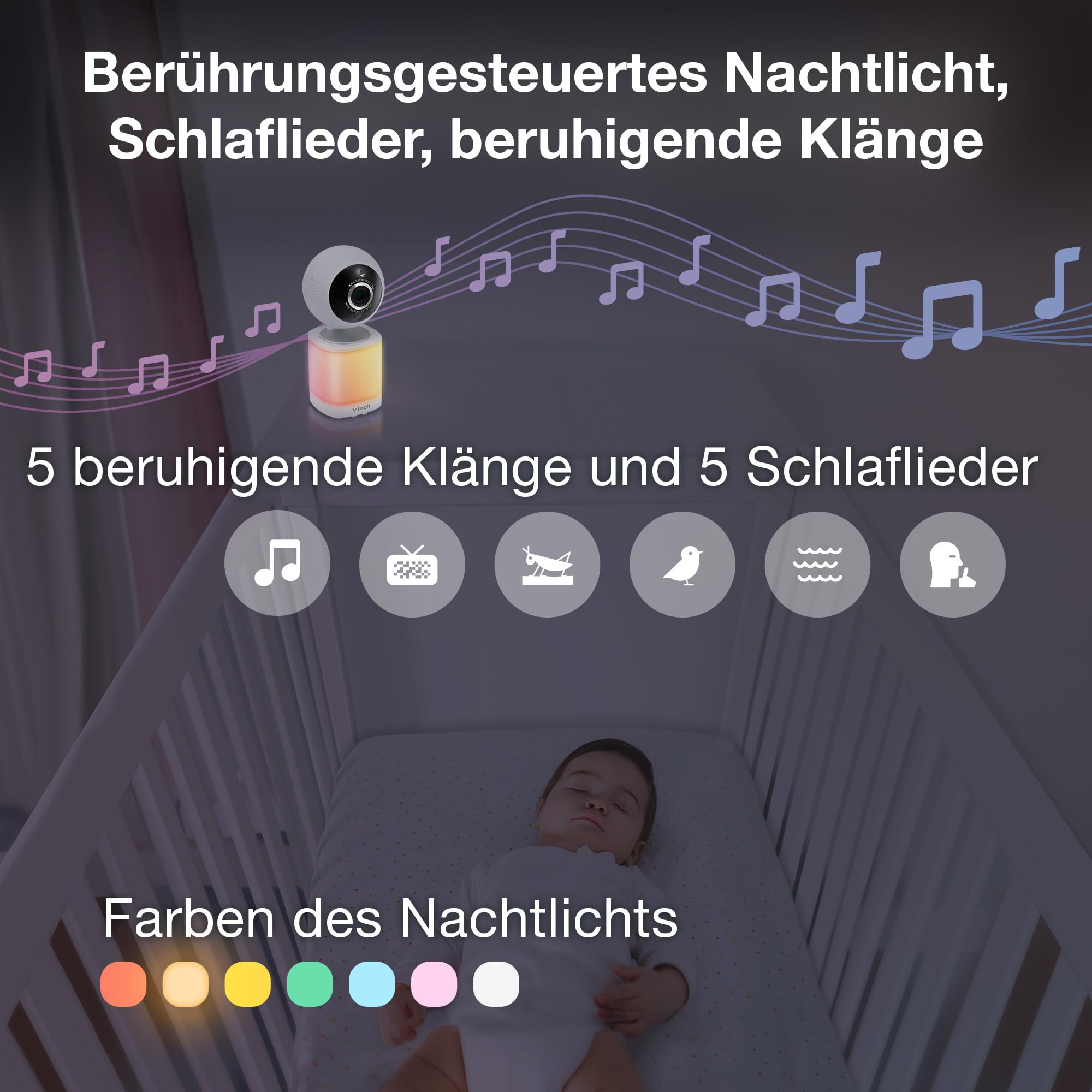VTech Video-Babyphone mit 7" Farb-LCD-Bildschirm,360°-Panoramablick,Schwenken/Kippen/Zoom,Wiegenlieder&beruhigende Geräusche,Nachtlicht,Gegensprechfunktion,Touch-Bedienung,VM7468-2 mit Zwei Kameras