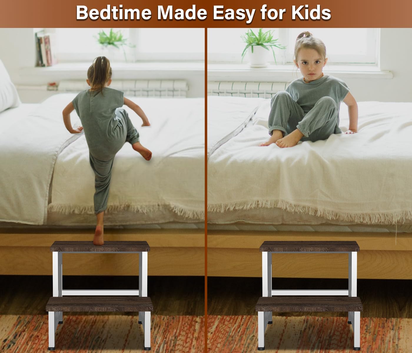 Tritthocker aus Holz mit 2 Stufen für Kleinkinder, Kinder und Erwachsene, robuster Tritthocker mit 227 kg Tragkraft, Fußtritt Hocker für Bett, Wohnzimmer, Badezimmer, Küche – Rustikales Braun
