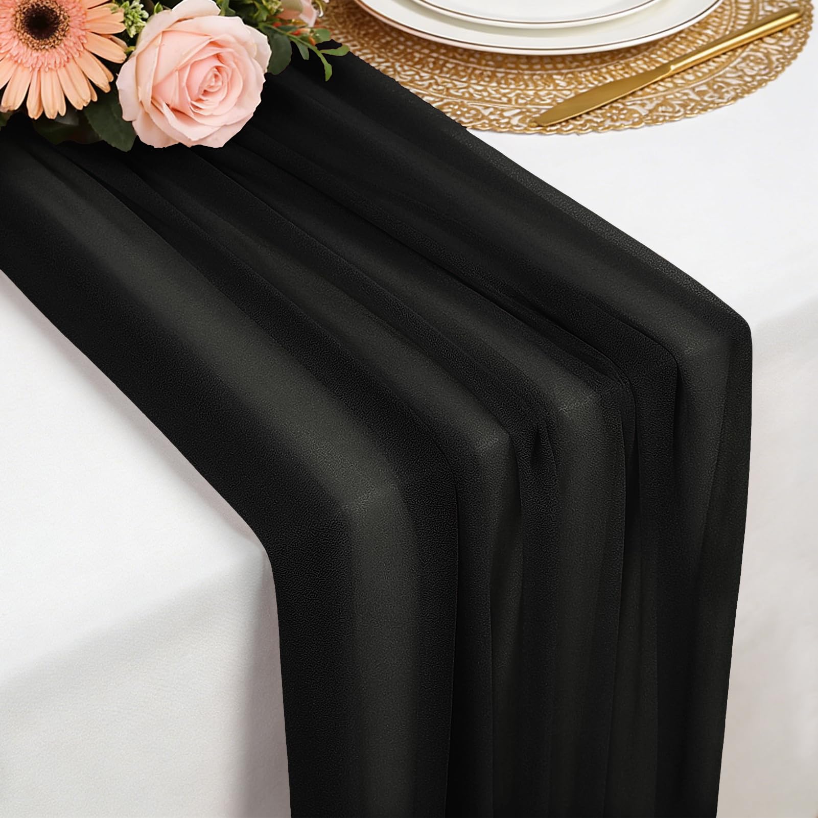 Chiffon Table Runner Black, 77 x 300 cm Soft and Comfortable Table Runner for Boho Wedding, Party, Baptism Decor, Baby Shower, Bridal Shower Kitchen Table Decoration