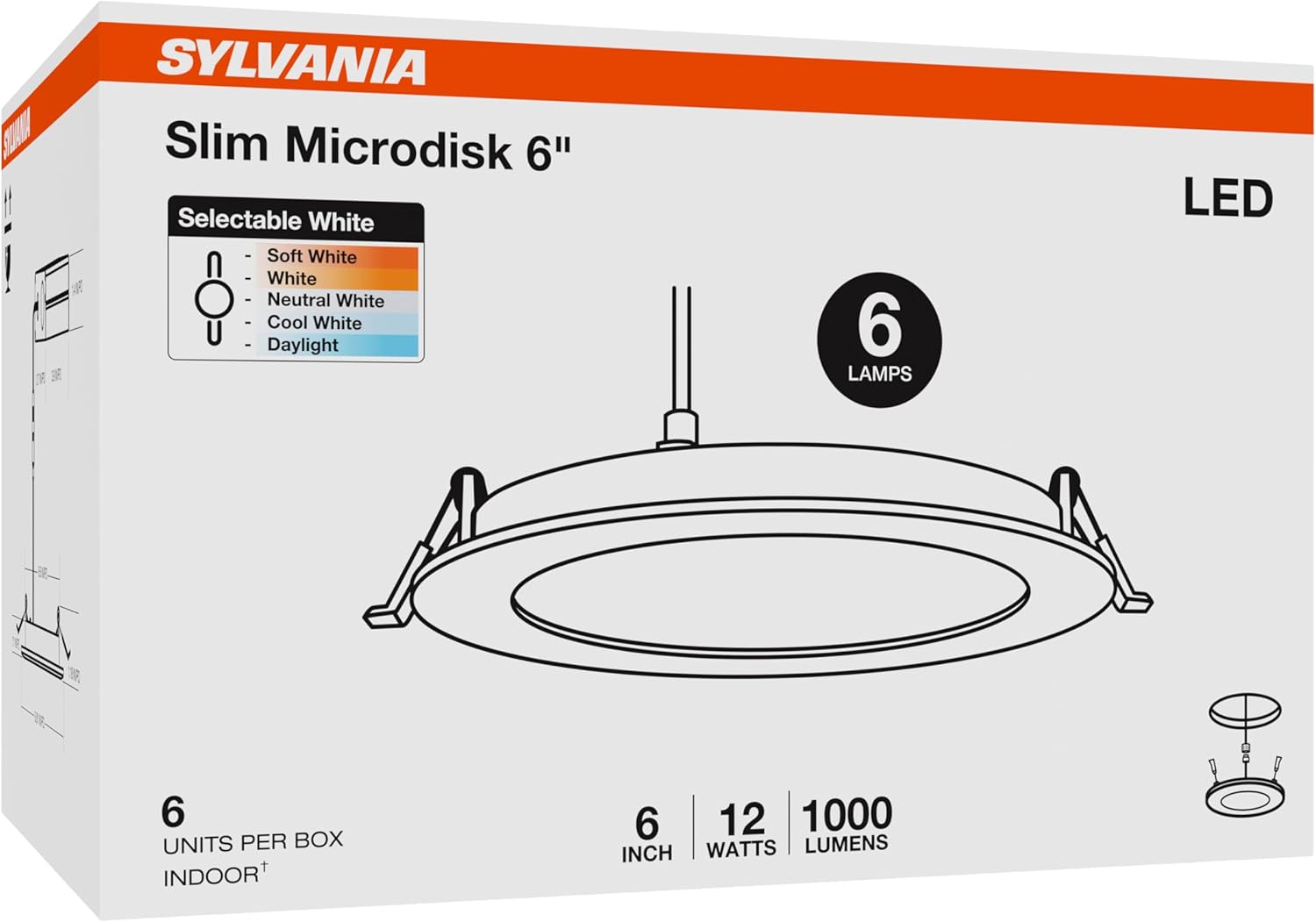 Sylvania 6" Slim Microdisk Downlight, 12W, 5 CCT Select (2700K - 5000K) Recessed Lighting, 1000 LMS, 90 CRI, Dimmable, Wet-Rated, White - 6 Pack (61190) - Image 10