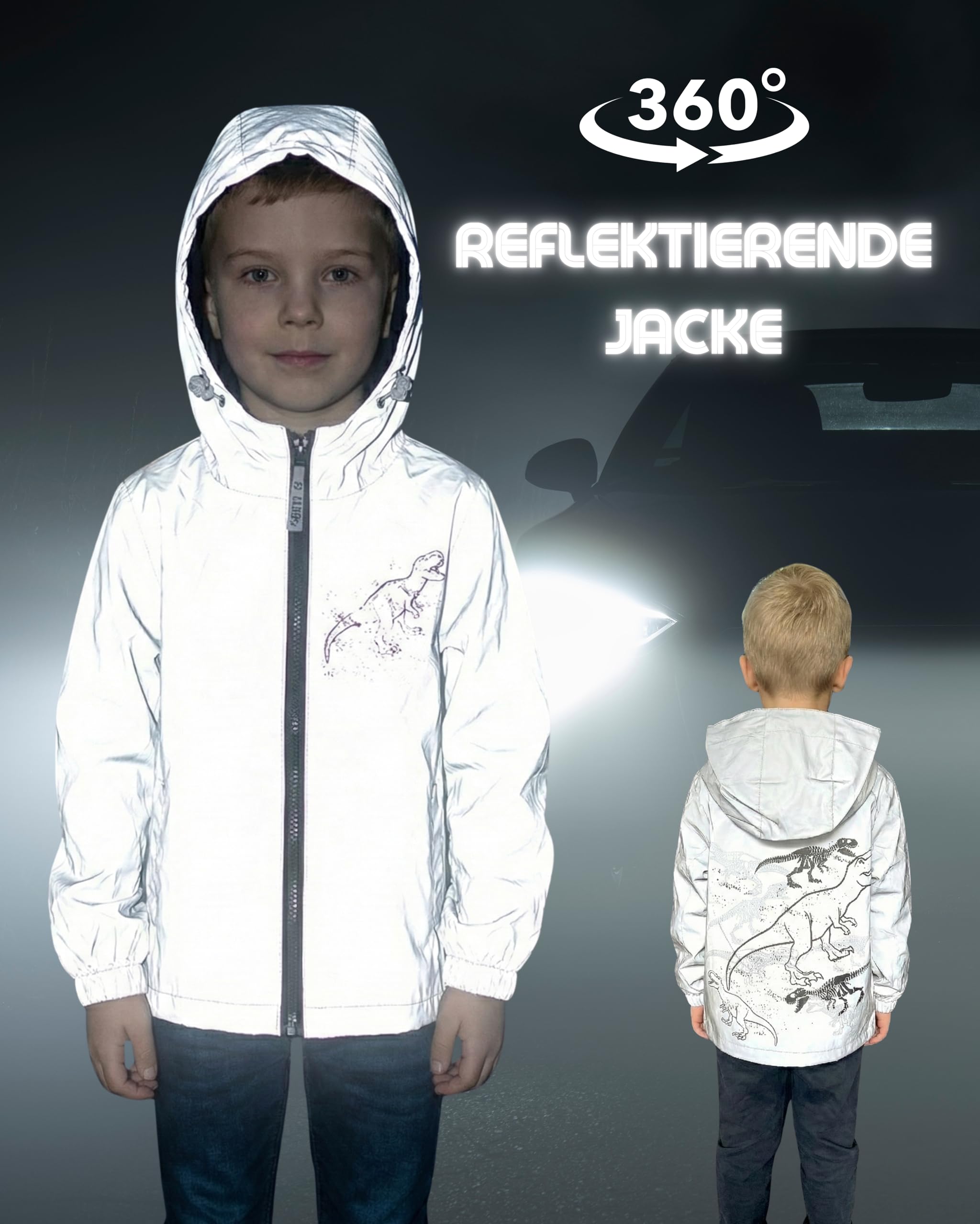 HECKBO Kinder Dinosaurier Pferd Regenjacke Windjacke aus Reflektoren Material Jacke Mädchen Jungen - 3-6 Jahre - wasserdicht & winddicht
