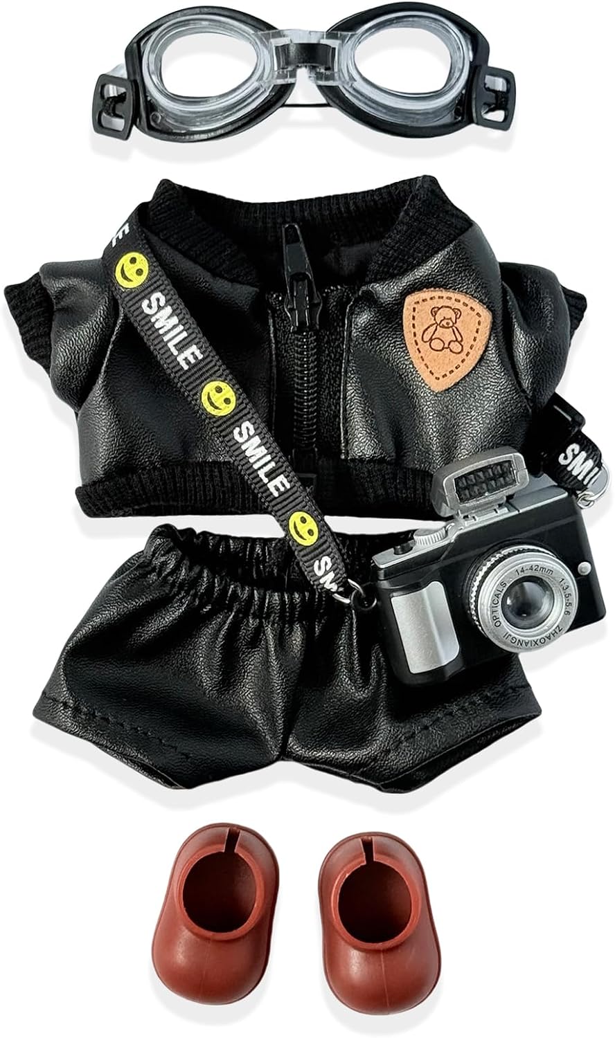 5-Piece Clothes for 17cm Popular Dolls, Fashion Doll Outfit Accessories Set-Leather Coat + Leather Pants + Swimming Goggles + Camera + Shoes