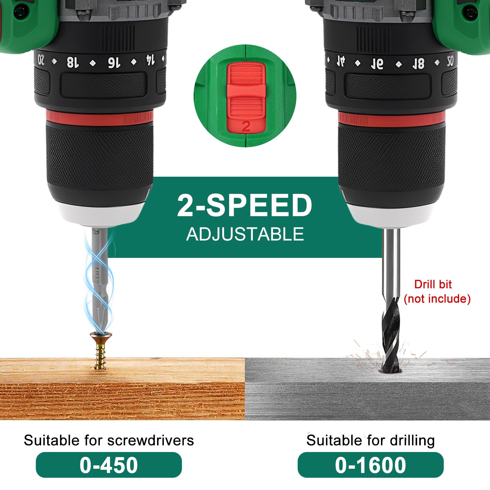 Trapano Elettrico A Percussione Senza Fili, Cacciavite Elettrico Con Coppia Regolabile, Mandrino Universale da 3/8 Pollici con 3 Punte+2 Batterie, per Foratura Del Calcestruzzo, Riparazioni Quotidiane
