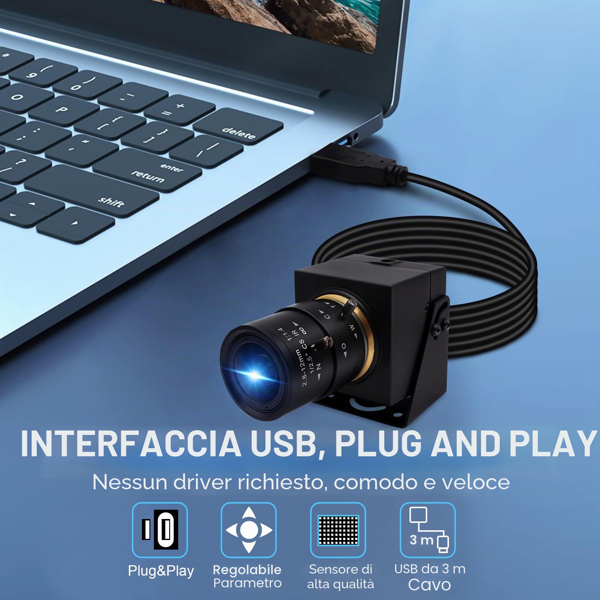 Svpro Zoom Webcam 8MP USB per PC Laptop Fotocamera esterna per computer con obiettivo varifocale da 2,8-12 mm Fotocamera UVC per montaggio su treppiede, su superficie e a parete