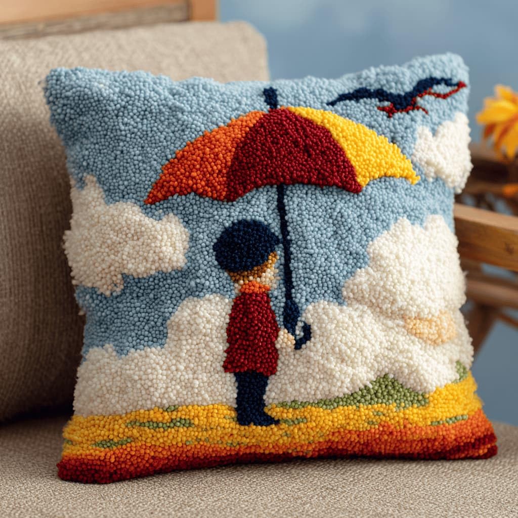 Latch Hook Pillow Kit For Adults,Umbrella 17X17In Latch Hook Kit For Pillow Cover With Instruction For Beginner Cross Stitch Sofa Cushion Cover With Crochet Yarn For Beginners And Home Decor