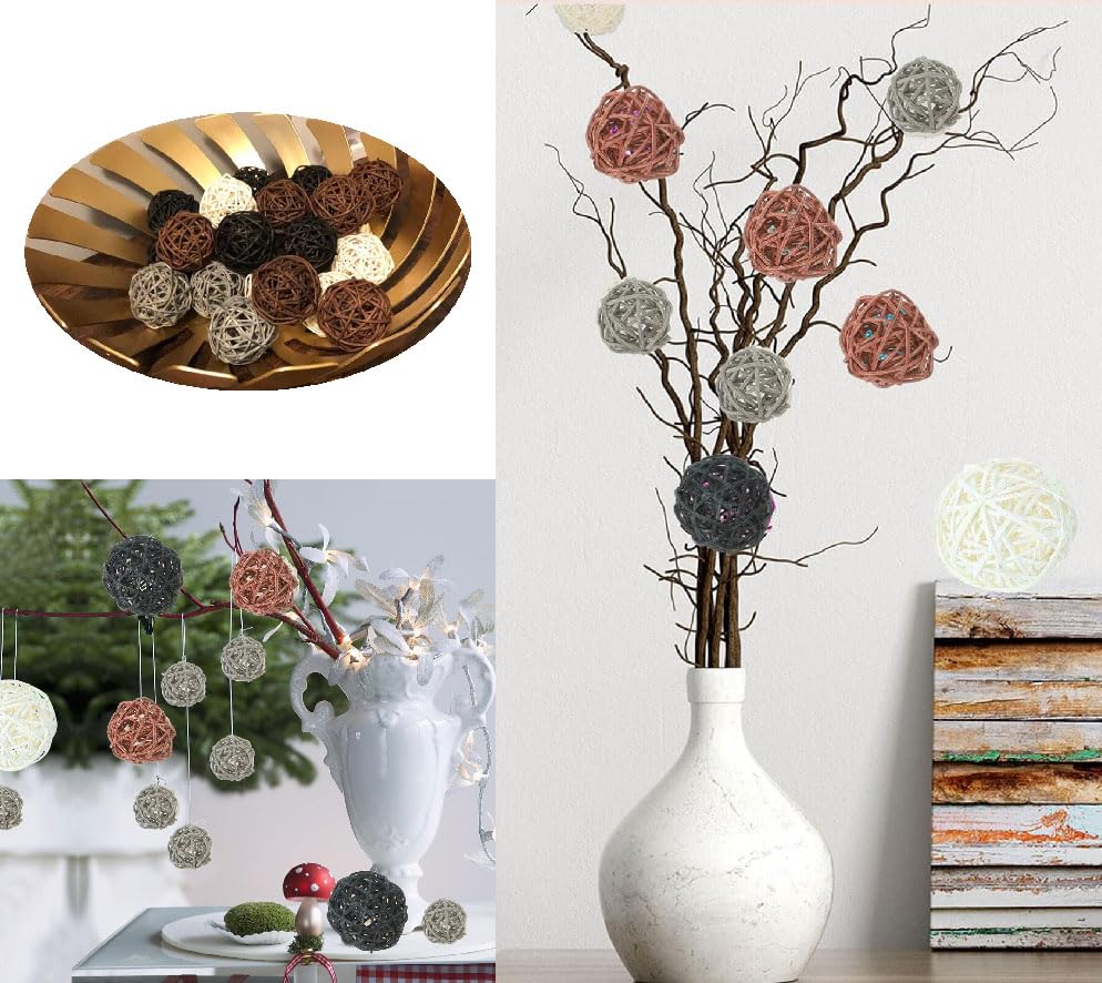 LATRAT 18 Stück Deko Kugeln Rattankugeln Dekokugeln Wicker Rattan Ball, Kugeln Hochzeit Tischdeko Party Hängedeko Aromatherapie Duft Kaninchen Vogel Papagei Kauspielzeug, Schwarz, Weiß, Farbe