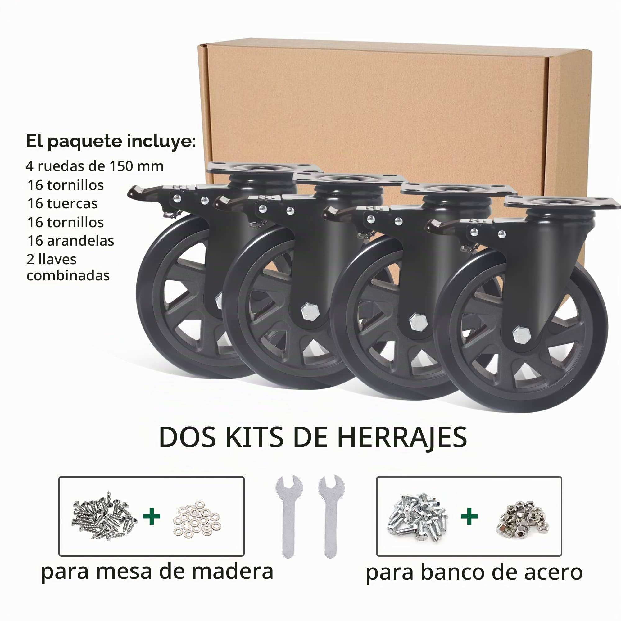 4 Ruedas para Muebles con Freno 150MM Ruedas Pivotantes, Ruedas de Placa Industriales Giratorias 360°, PU Ruedas No Dejan Marcas Hasta 1000kg