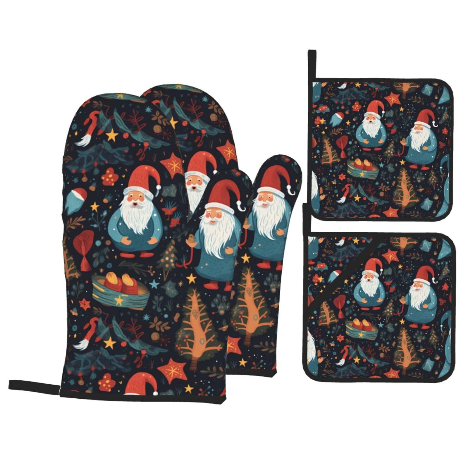 HJFCZH Christmas Magic Picture Kitchen Baking Set of 4 Thick Insulated Oven Mitt & Pot Holders, Anti-Scalding for Microwave, Oven, Outdoor BBQ