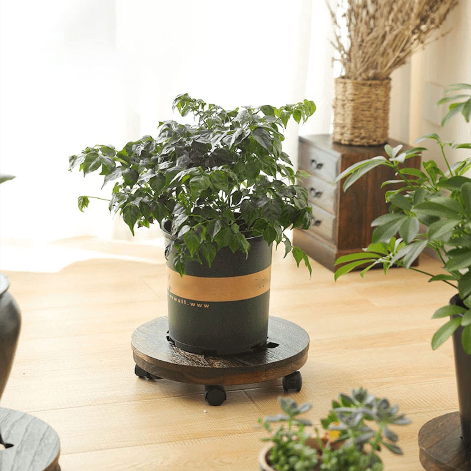 Support Pot De Fleurs à Roues Skelang 30cm - Capacité 56kg, 4 Roues Dont 2 Freinées, Noir