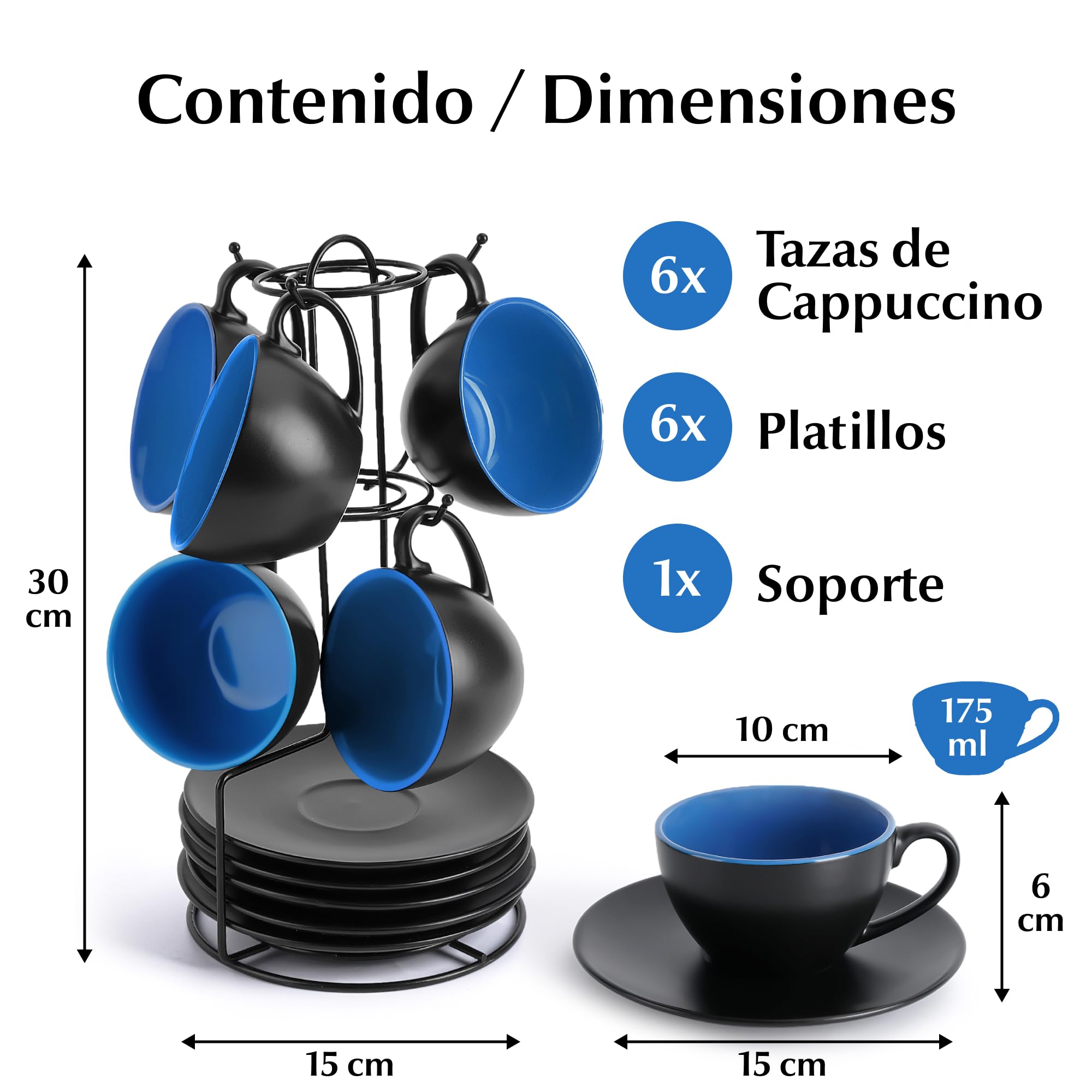 MIAMIO - Juego De Tazas De Cafe - 6 tazas de 175 ml Tazas de Cappuccino - Juego tazas de cafe Capuchino Taza Cafe - Colección Le Papillon (Azul)