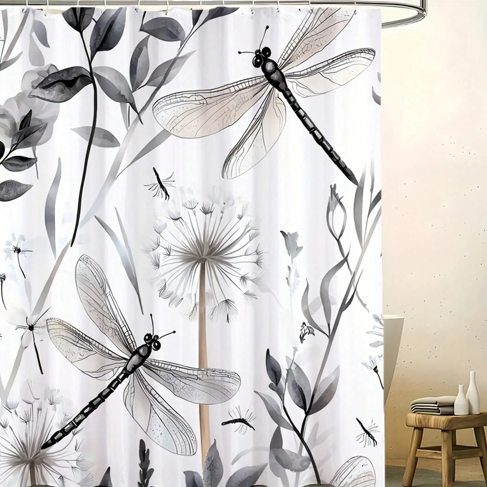 Moderner Duschvorhang mit Aquarell-Libellen- und Löwenzahnmotiv – Grau/Schwarz/Weiß für Badezimmerdekoration (300 x 200 cm / 118 x 79 Zoll (B x H))