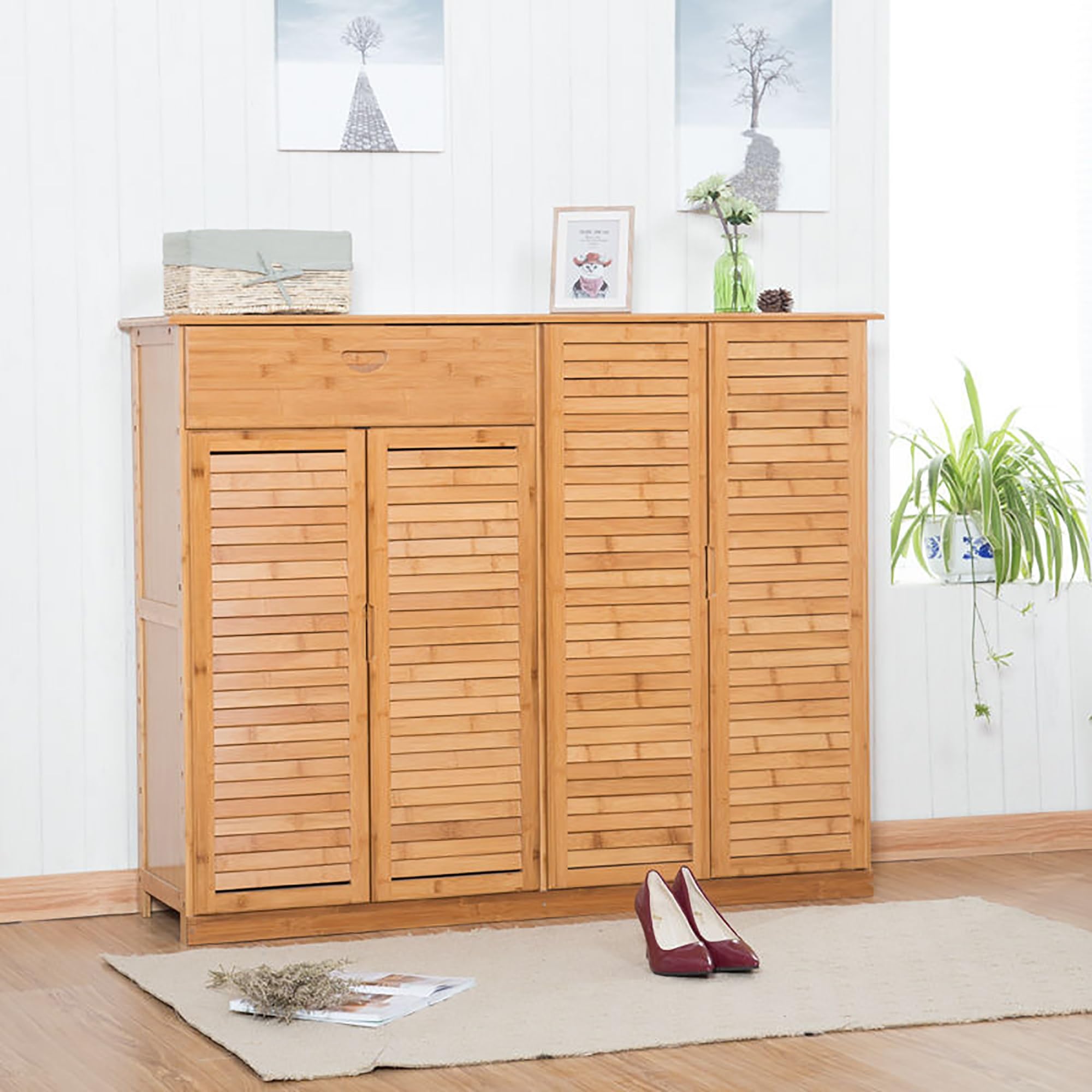 Rangement chaussures pour entrée en bambou beige avec portes et tiroir