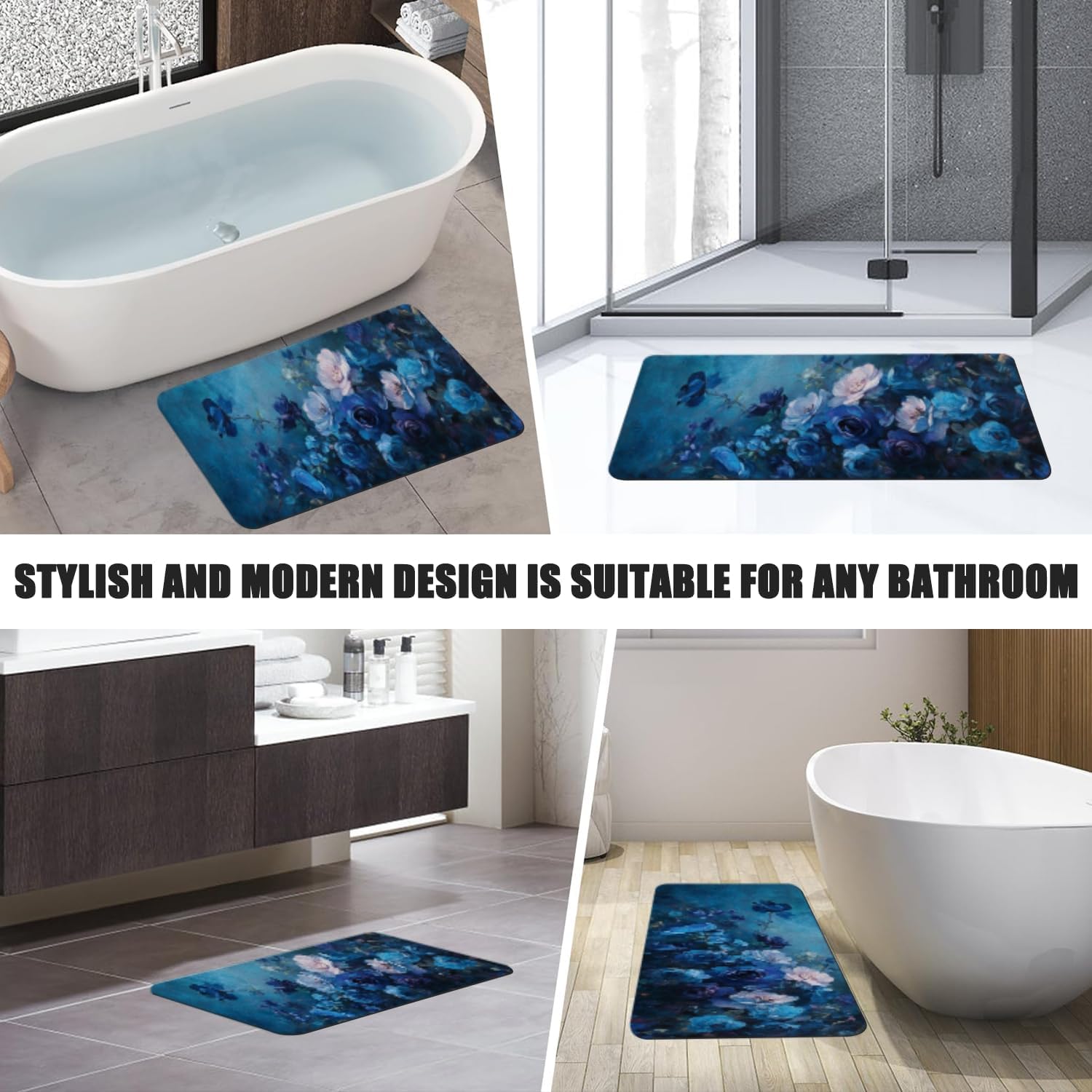 Bathroom Runner Mat Rugs Long,Blue Flowers in A Bouquet floral picture Diatomite Stone Bath Mat Large Absorbent Diatomaceous Earth Mat Non Slip Fast Dry Shower Mat Bathroom Rugs Floor Mat 16x42in