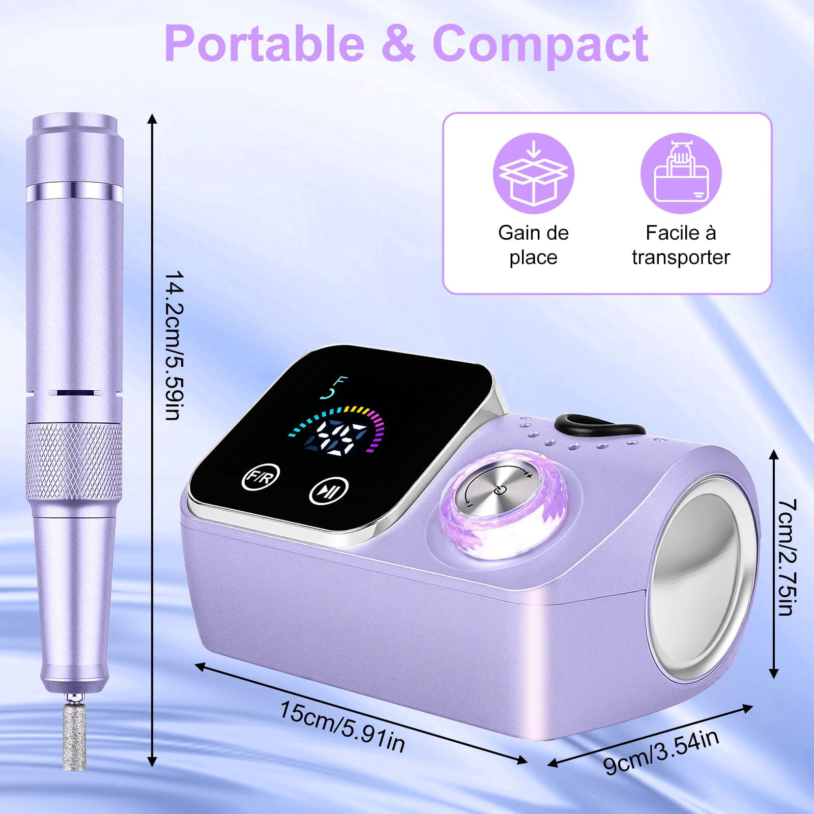 Ponceuse pour Ongles Professionnelle 45000 RPM,12 en 1 Lime a Ongle Electrique Portable,Ponceuse Ongles avec Écran LCD & Support,Lime à Ongle Electrique Silencieux,Conçu pour Les Salon,Violet