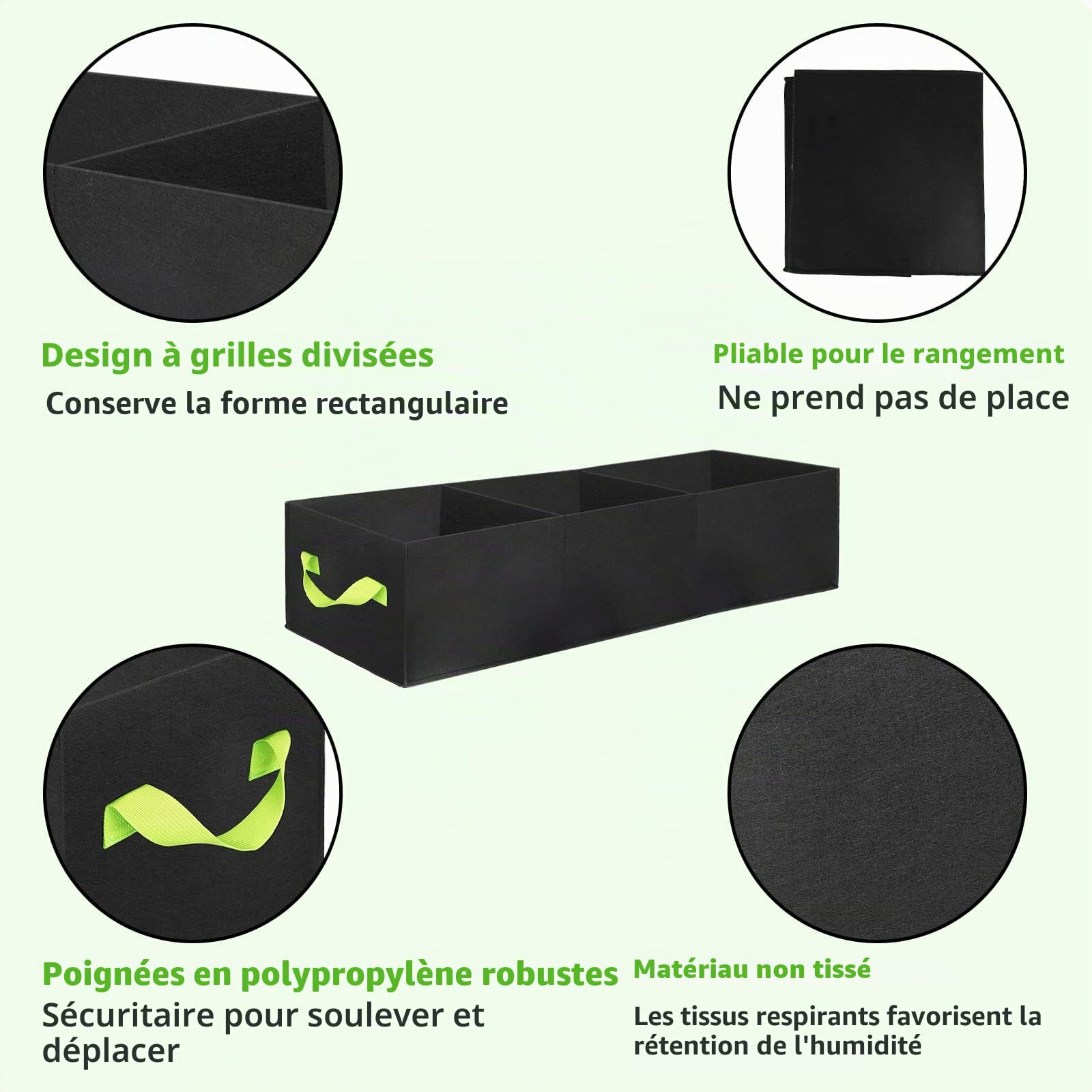 ANGELIOX Lot de 2 Sacs de Culture rectangulaires à 3 Compartiments, 400 g en Tissu épais de 400 g, Pots de Fleurs carrés Non tissés pour Fleurs, légumes, Fruits, Pots de Culture avec poignées