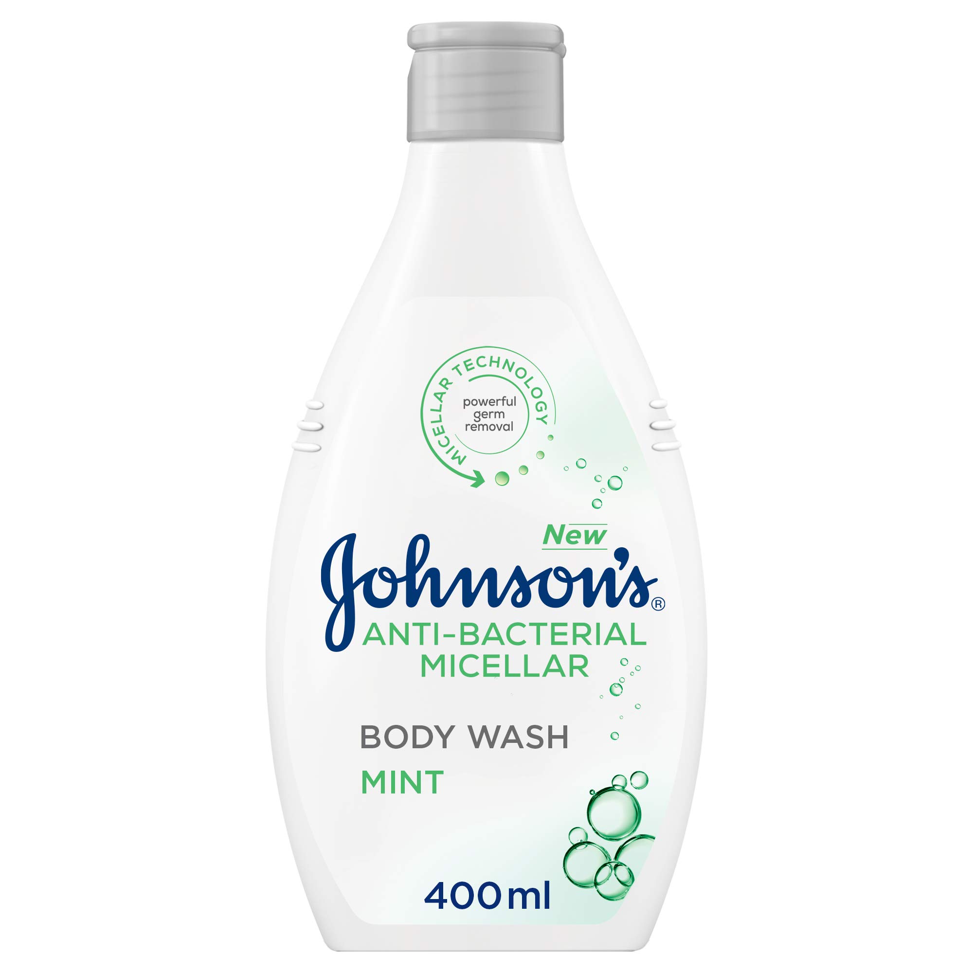 Johnson's Body Wash, Anti-Bacterial Micellar, Mint, with micellar technology, targets and lifts germs out like a magnet while keeping skin's natural protective barrier, 400 ml