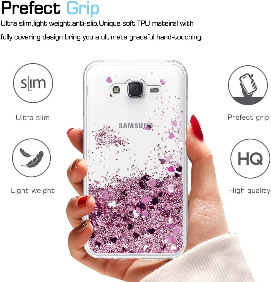 LeYi Galaxy J7 Case with Tempered Glass Screen Protector [2 Pack] for Girls Women, Glitter Shiny Moving Quicksand Liquid Clear TPU Protective Phone Case for Samsung Galaxy J7 J700 2015 ZX Rose Gold
