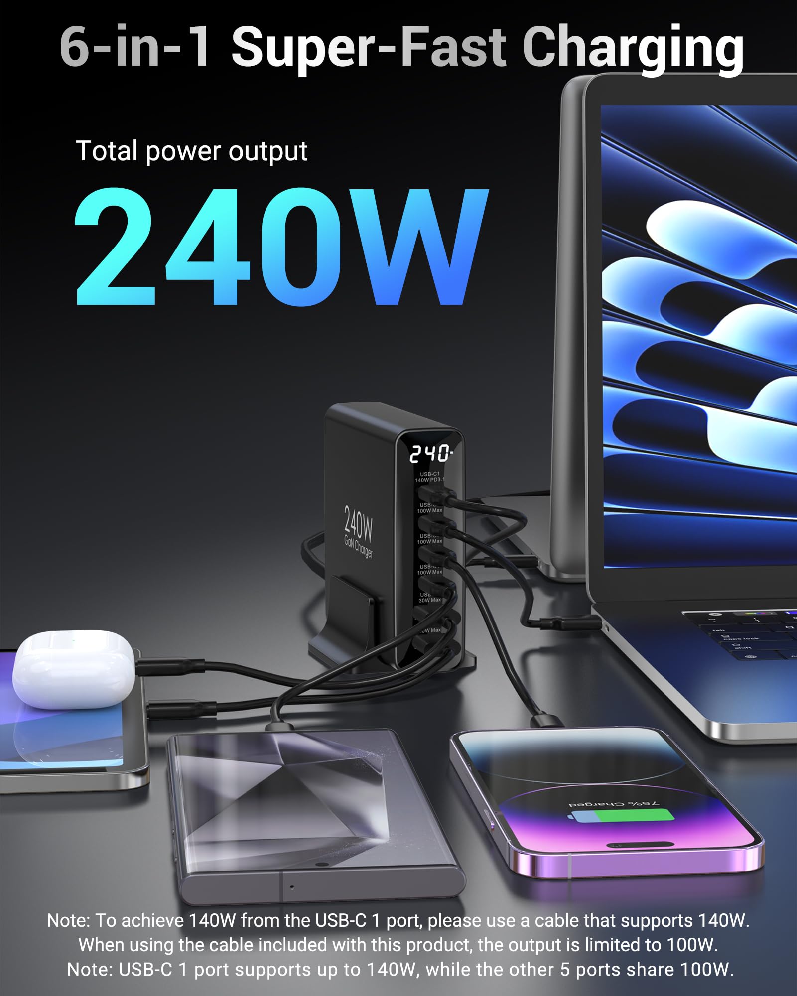 TOPADRE 240W USB C Charger 6-Port, PD3.1 GaN Charger with LED Display Desktop Fast Charging Station for MacBook Pro/Air, iPhone Pro, iPad Pro, Dell XPS, Galaxy, Pixel, Laptops and More, Black