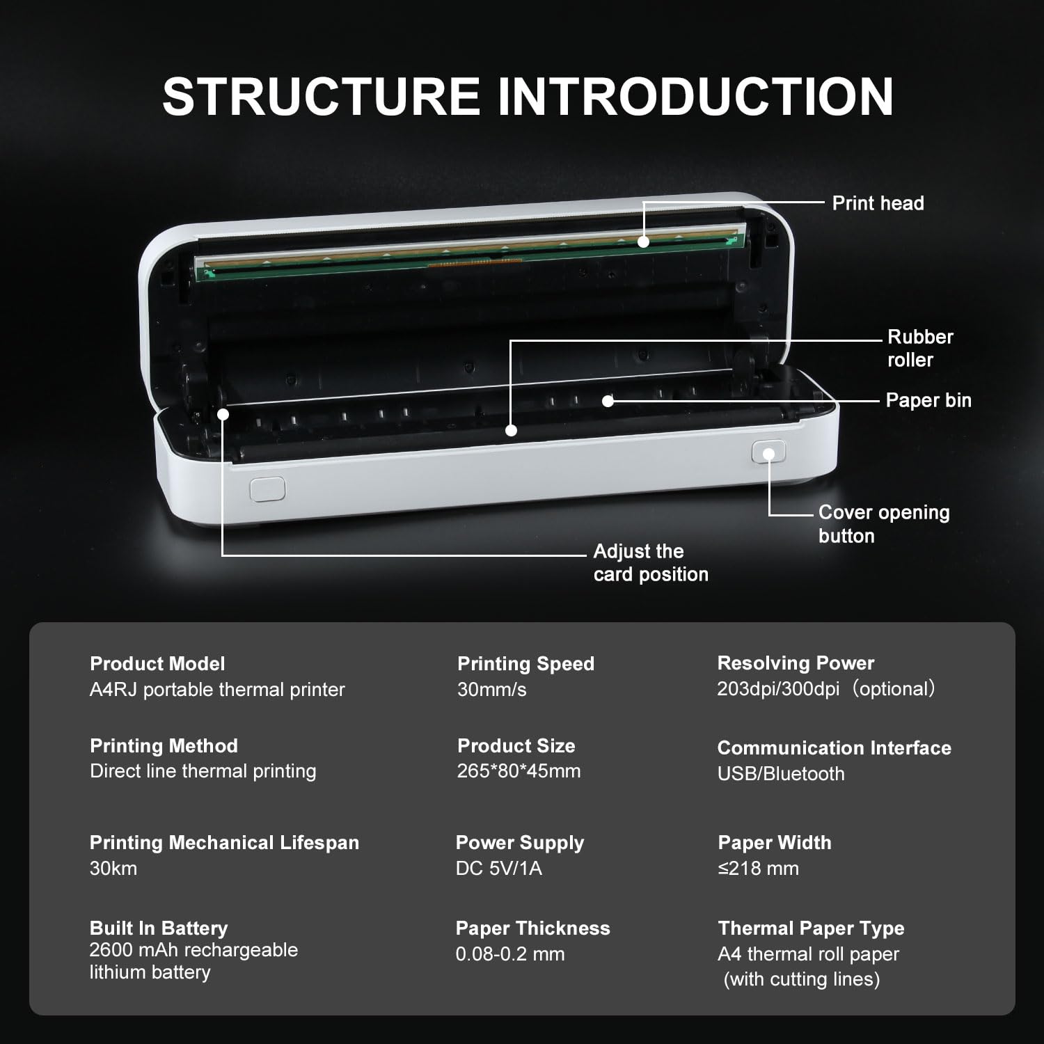 Impresora Portátil Inalámbrica, Impresora Térmica de Viaje, Impresión sin Tinta Bluetooth & USB Soporte de Impresora A4/A5 Papel Térmico, Compatible con Android & iOS Teléfono/Laptop White