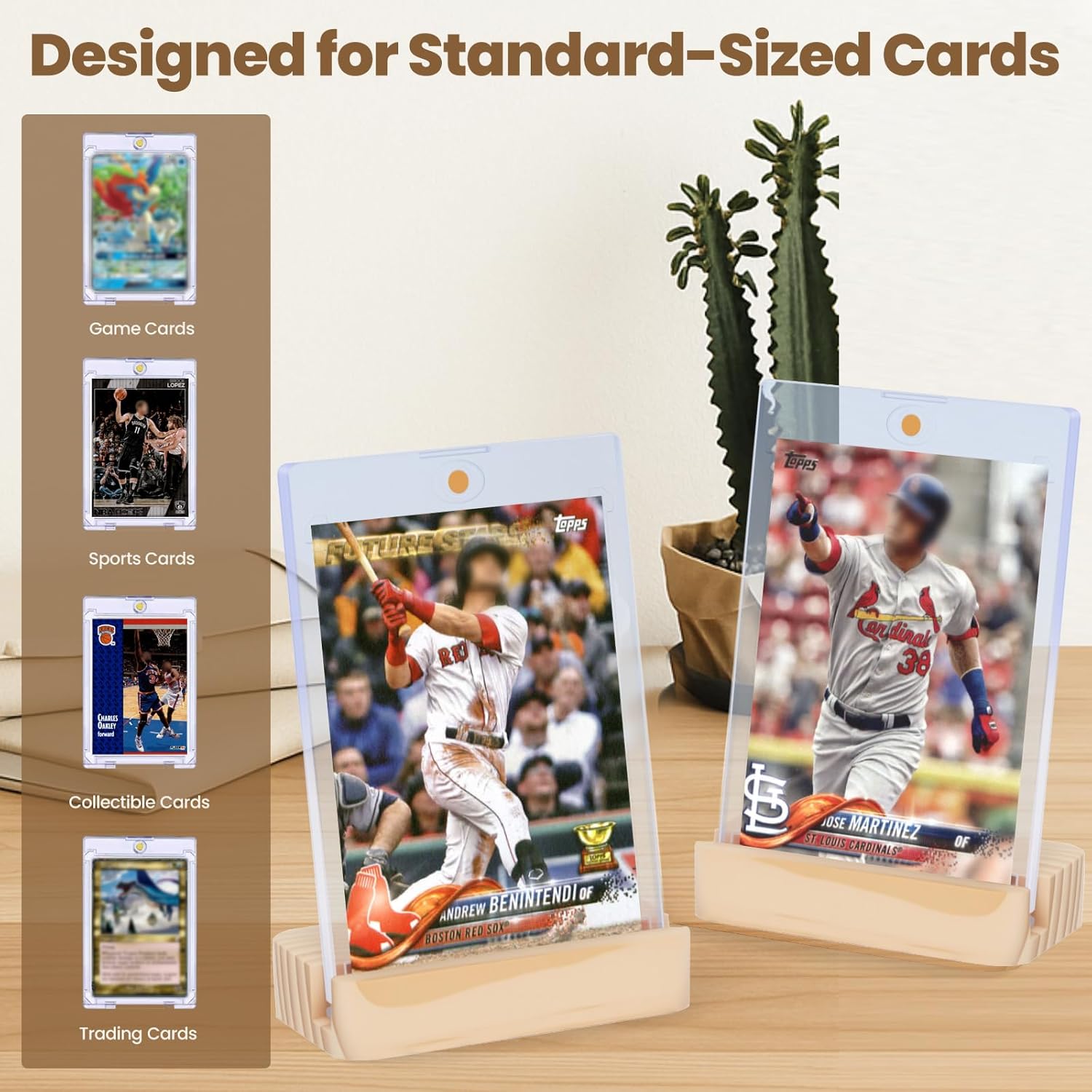 4Pack Magnetic Card Holder for Trading Card - Baseball Card Holders with 4 Wooden Stands, 35pt Plastic Hard Card Sleeves Holder, Card Display Protector Case & Stand Fit for YuGiOh, MTG and Sport Cards