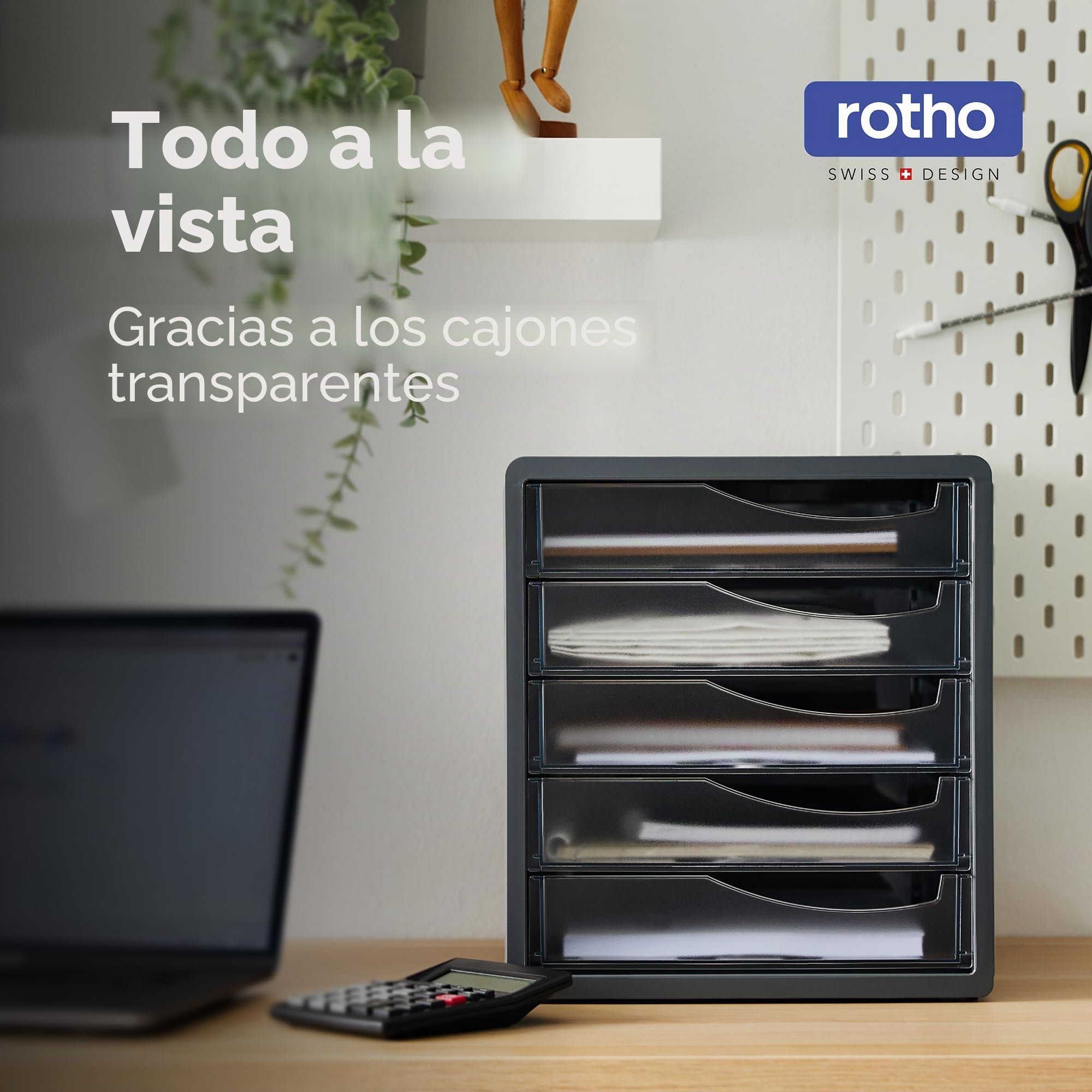 Rotho Spacemaker - Cajón/Caja de Oficina con 5 Cajones, Plástico (PS) sin BPA, Transparente/Negro, 33.5 x 28.5 x 32.0 cm
