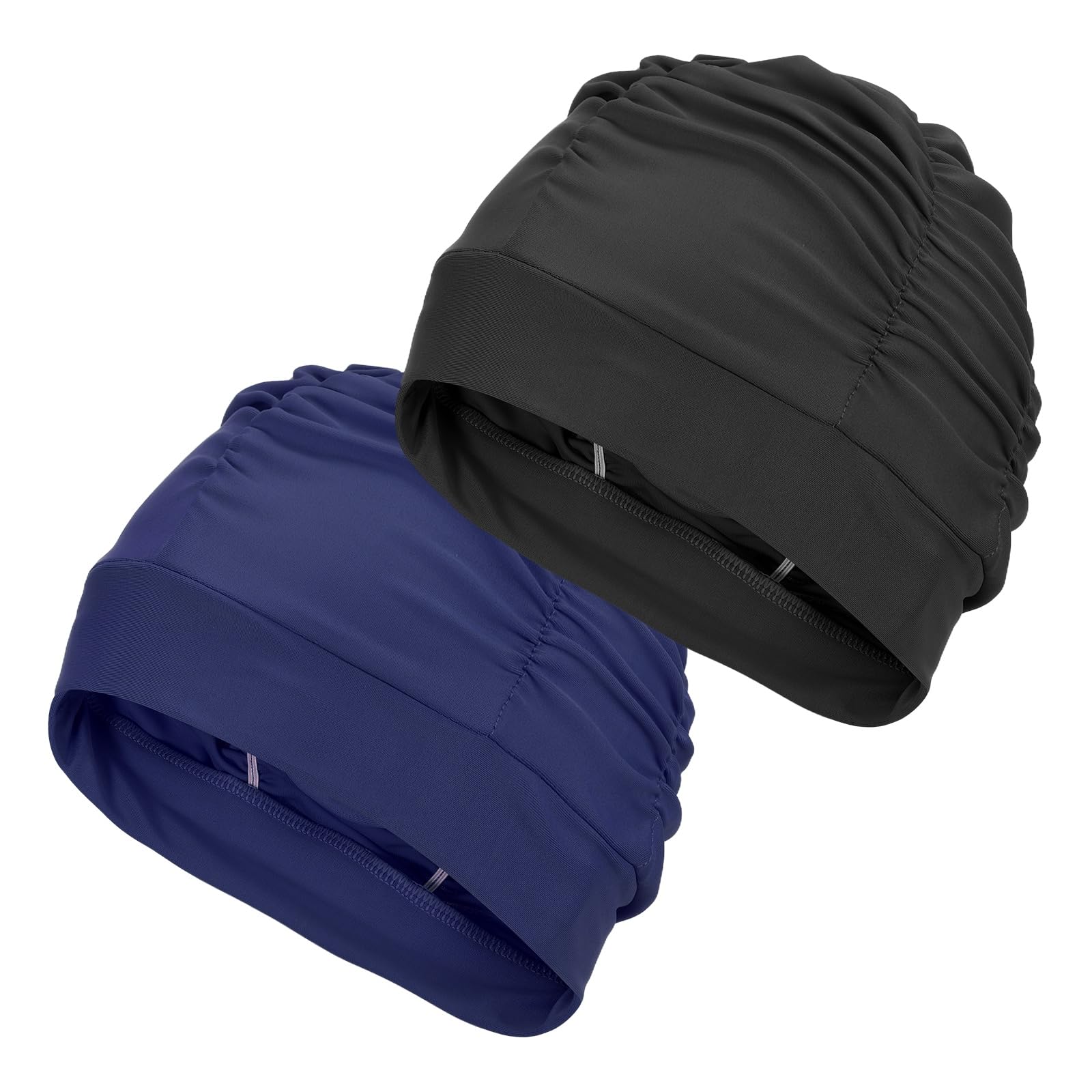 YELARXI Fabric Swim Cap Polyester Swimming Hat Elastic Swimming Cap, Fit for Women and Men Adult Long Hair (2Pcs, Black/Dark Blue)