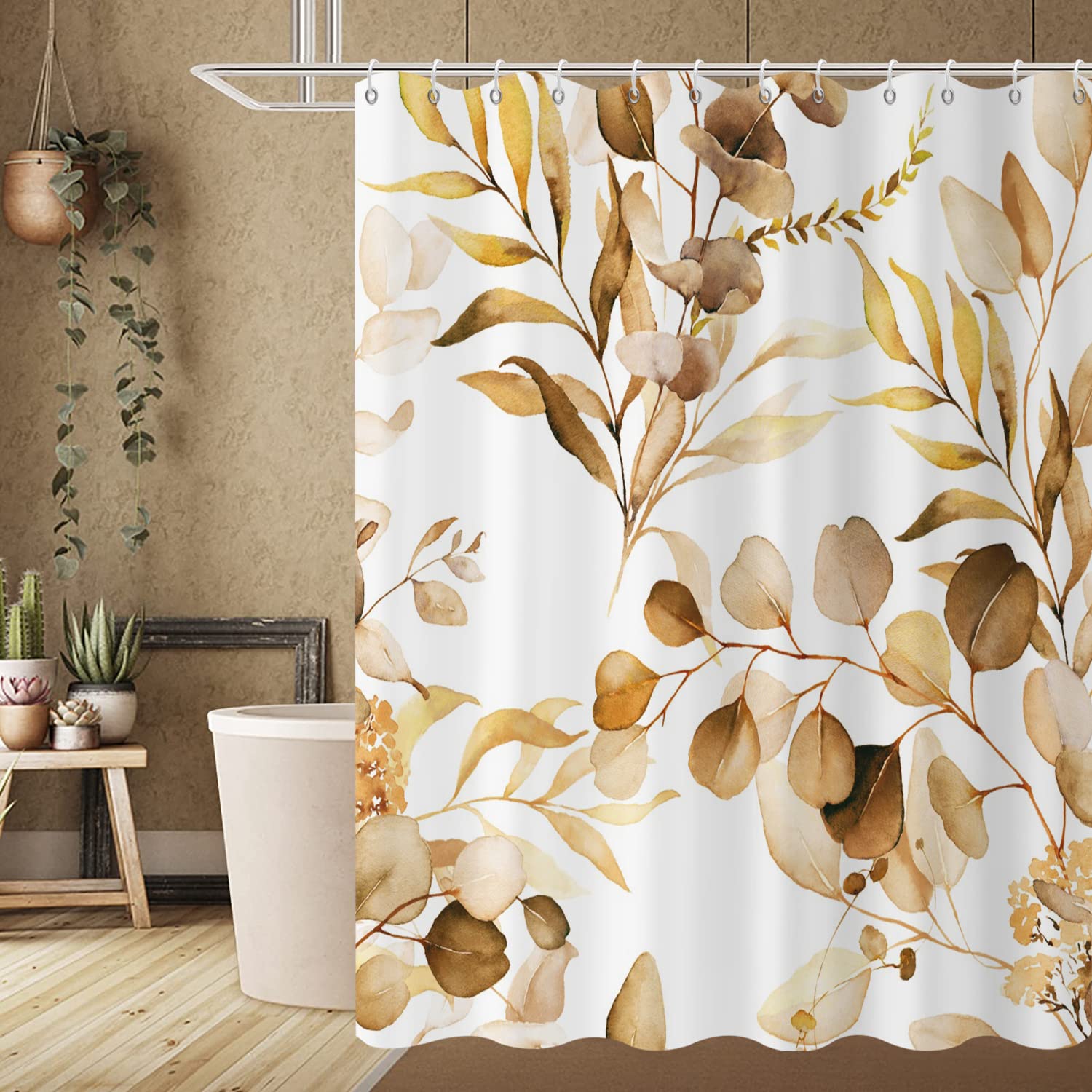 GCIREC Brown Eucalyptus Leaf Stall Shower Curtain, Brown Botanical Watercolor Plants Bathroom Curtain Bathtub Home Decor Waterproof Fabric Machine Washable with 12 PCS Hooks,152x180cm