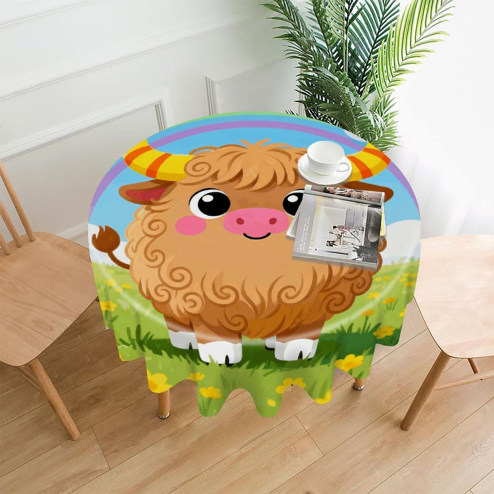LDGSUPH Highland Cow Round Tablecloth Cover Washable Luxurious Fabric Table Cover Decor Wrinkle Free Fashion Round Table Cloth for Home Dining Kitchen Party 60 in