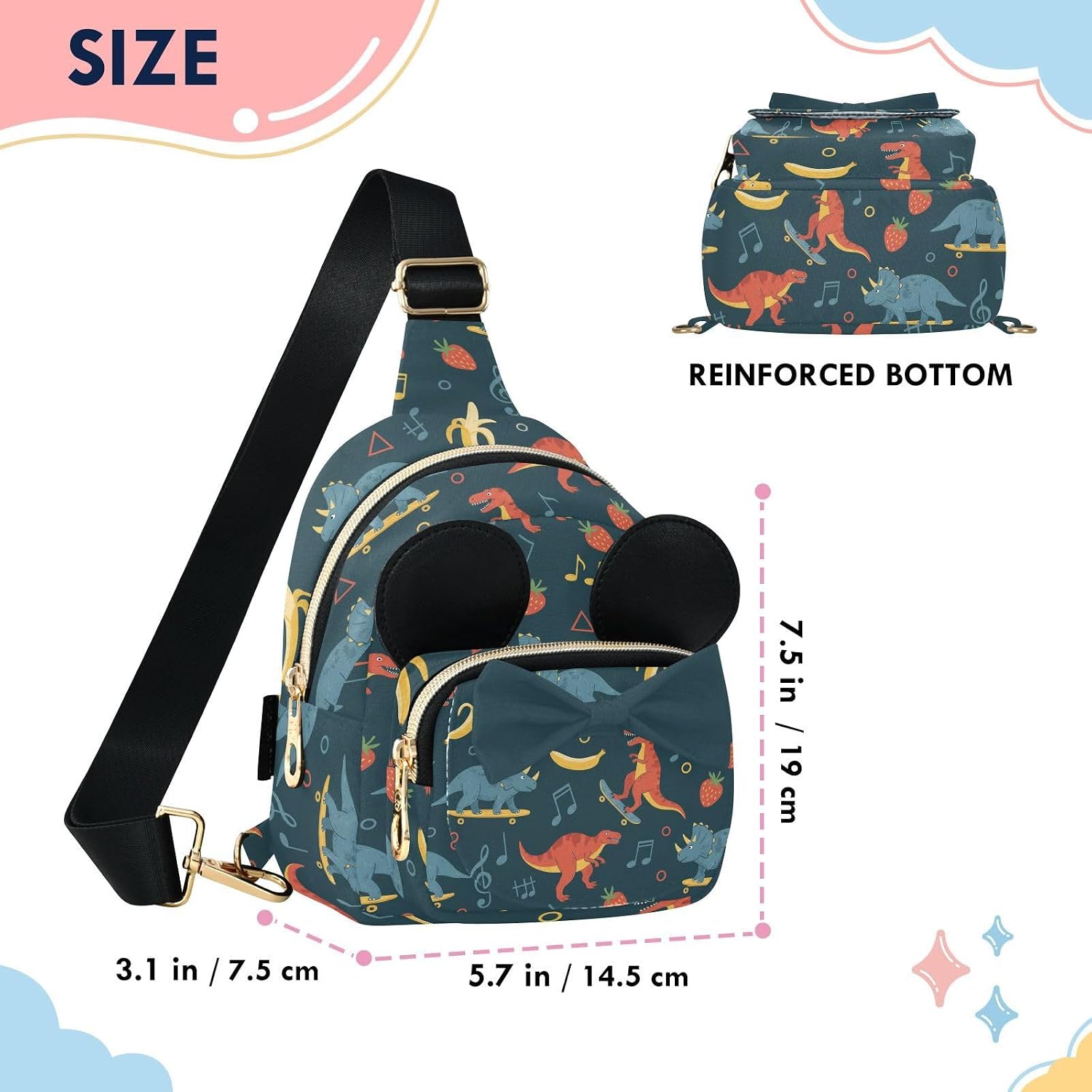 Dinosaurs Kids Sling Bag for Girls, 5.7x3.1x7.5 In | Crossbody Fanny Pack, Toddler Purse, Cute Sling Belt Bag with Ears, 2L Small Shoulder Chest Bag for Travel