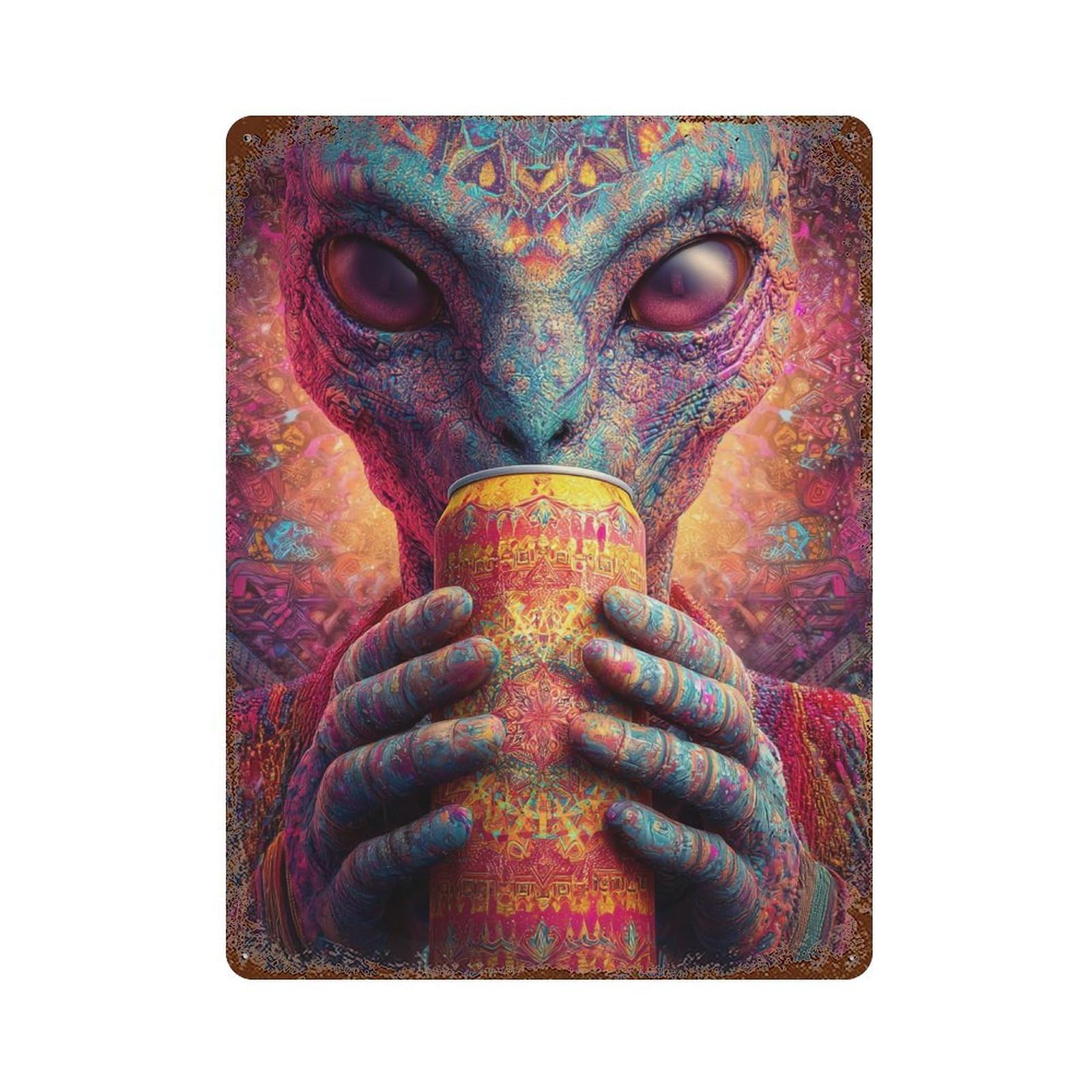Rust Effect Psychedelic Alien Beverage Rusty Metal Tin Sign 15.7"x11.8", Farmhouse Wall Decor for Cafe, Home Bar And Lounge Decor
