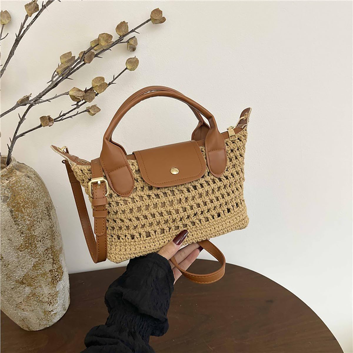 Crochet Tote Bag for Women Small Boho Handbag Leather Trim Crossbody Purse Casual Woven Shoulder Satchel for Summer