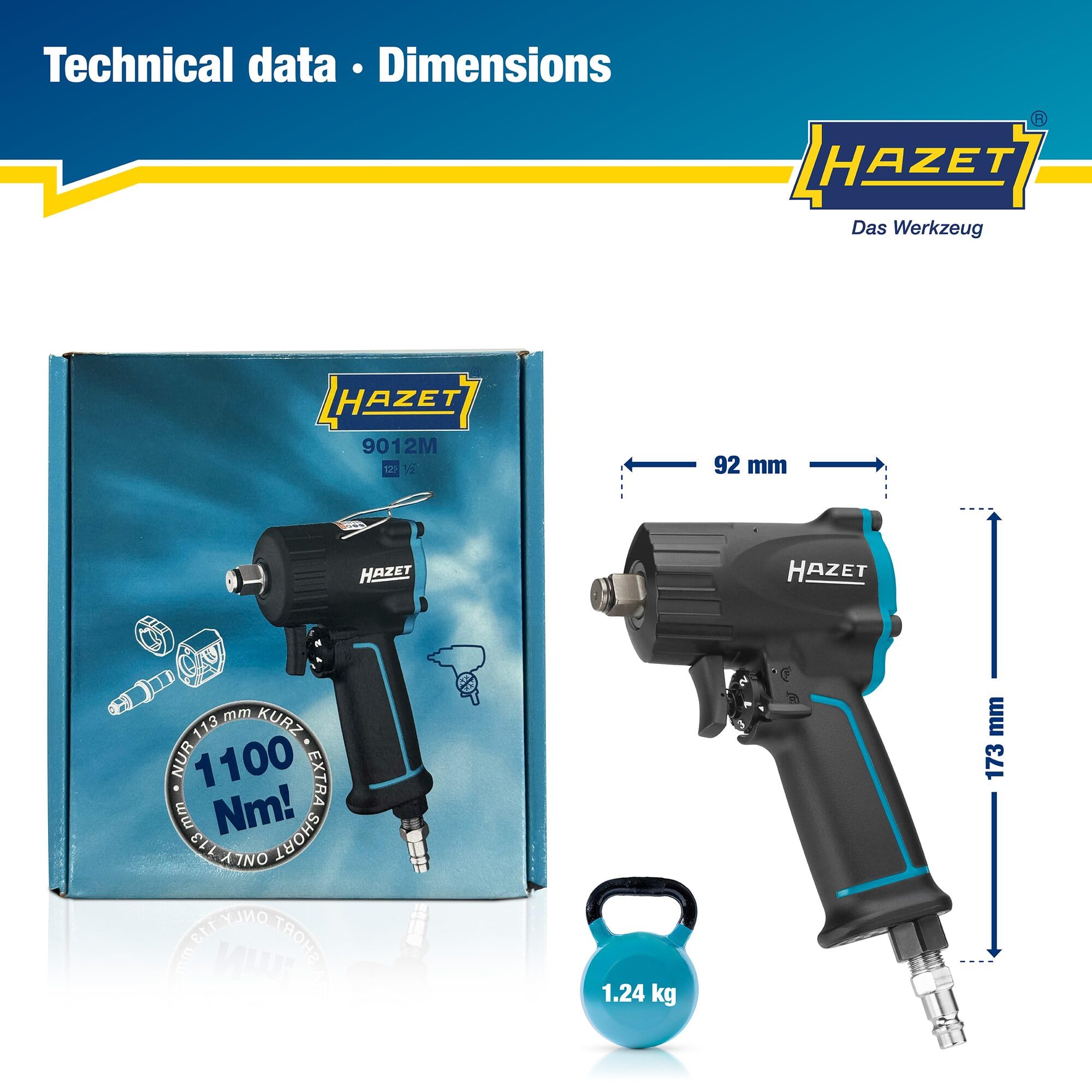 Hazet Llave de impacto neumática 9012M I Max. par de apriete 1100 Nm, cuadrado 12,5 mm (1/2 pulgada) I baja vibración - herramienta para apretar y aflojar tornillos