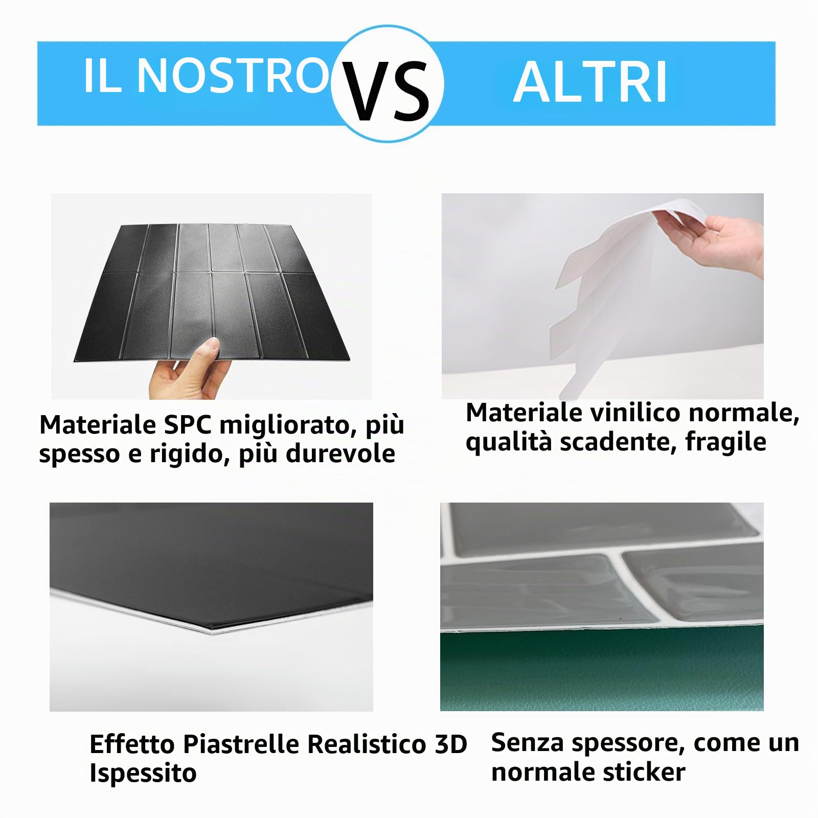 Piastrelle autoadesive da parete, colore nero, 3D da incollare su piastrelle da cucina, 30,5 x 30,5 cm, grandi piastrelle da parete per paraschizzi, cucina e bagno, confezione da 10 fogli