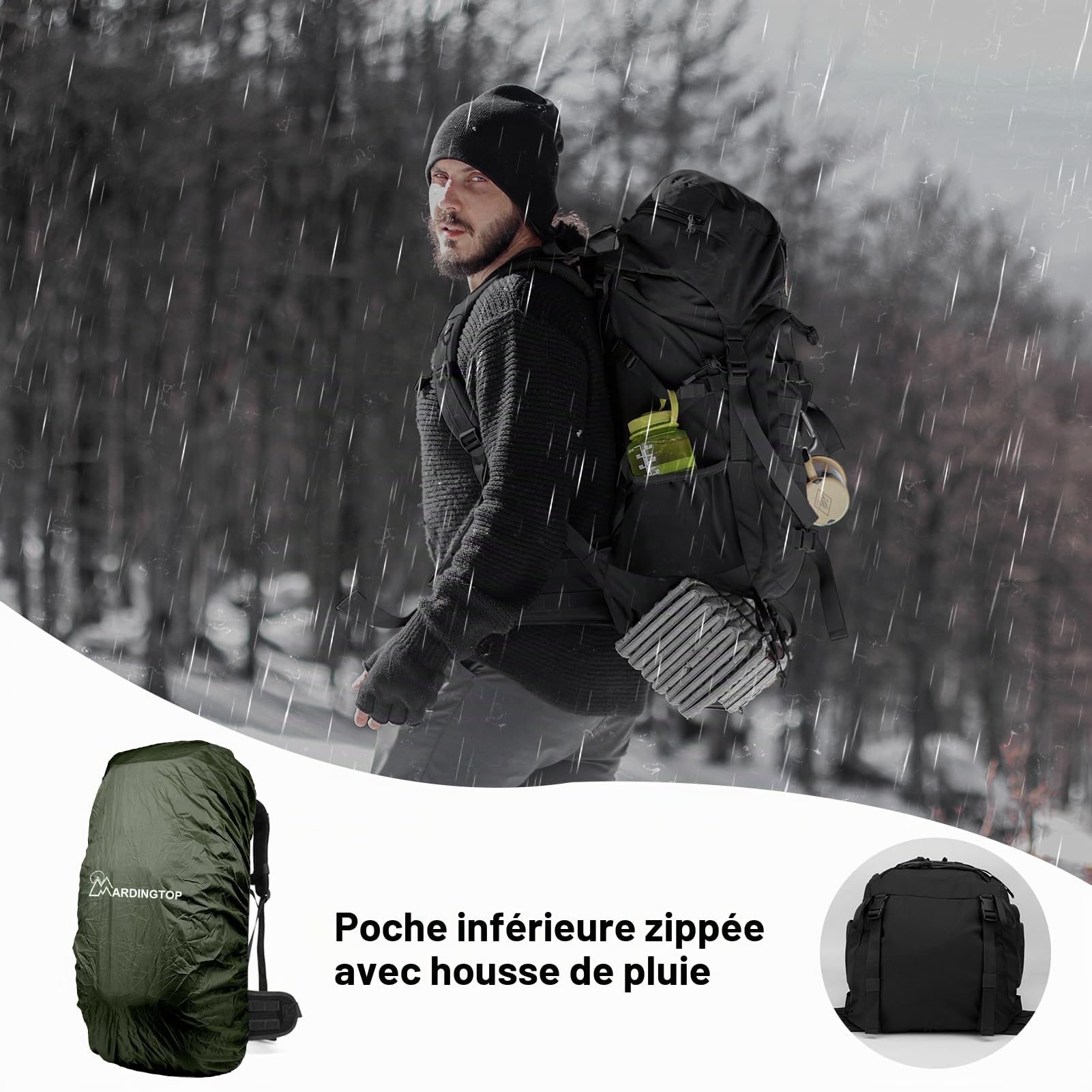 Mardingtop 50L Sac à dos tactique de trekking avec housse de pluie pour randonnée et voyage